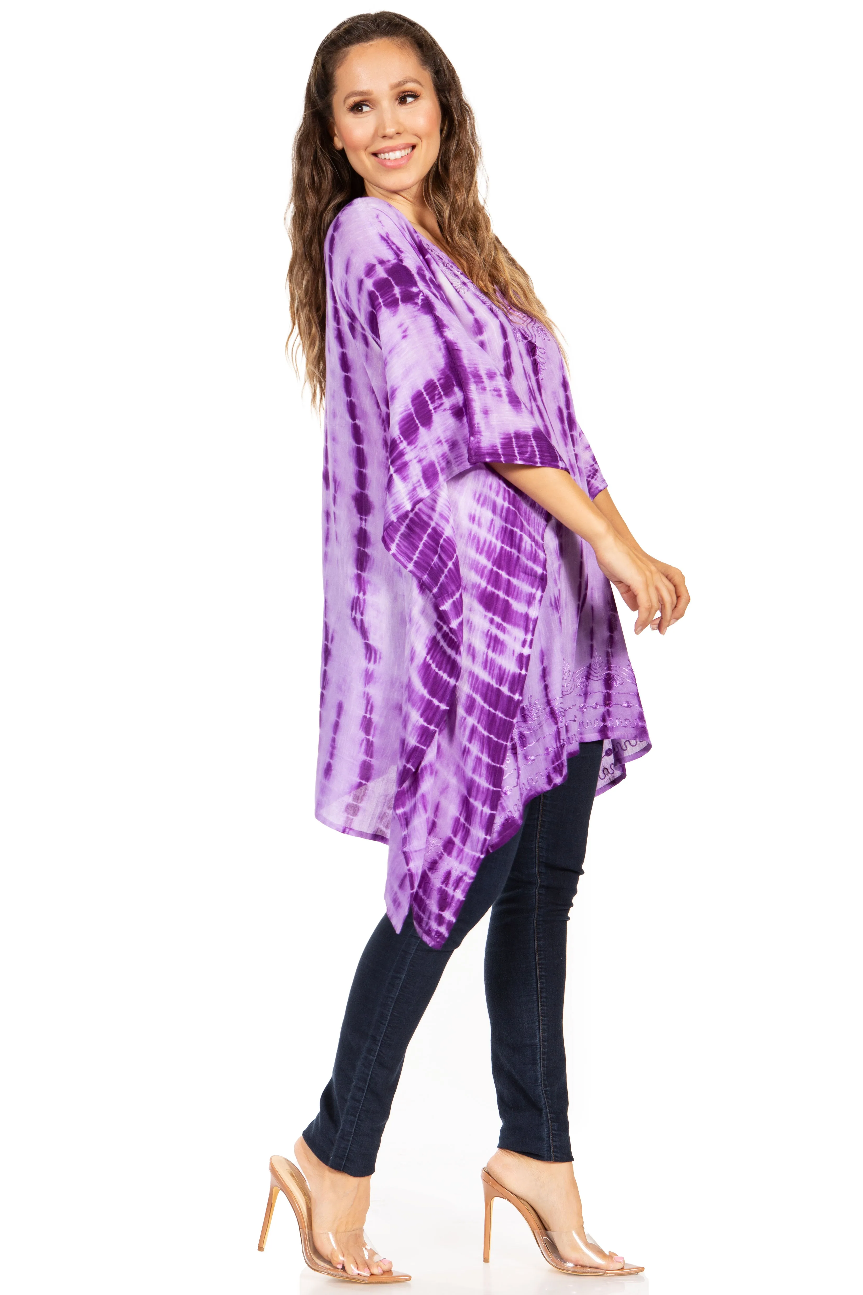 Sakkas Wren Lightweight Circle Poncho Top Blouse With Detailed Embroidery