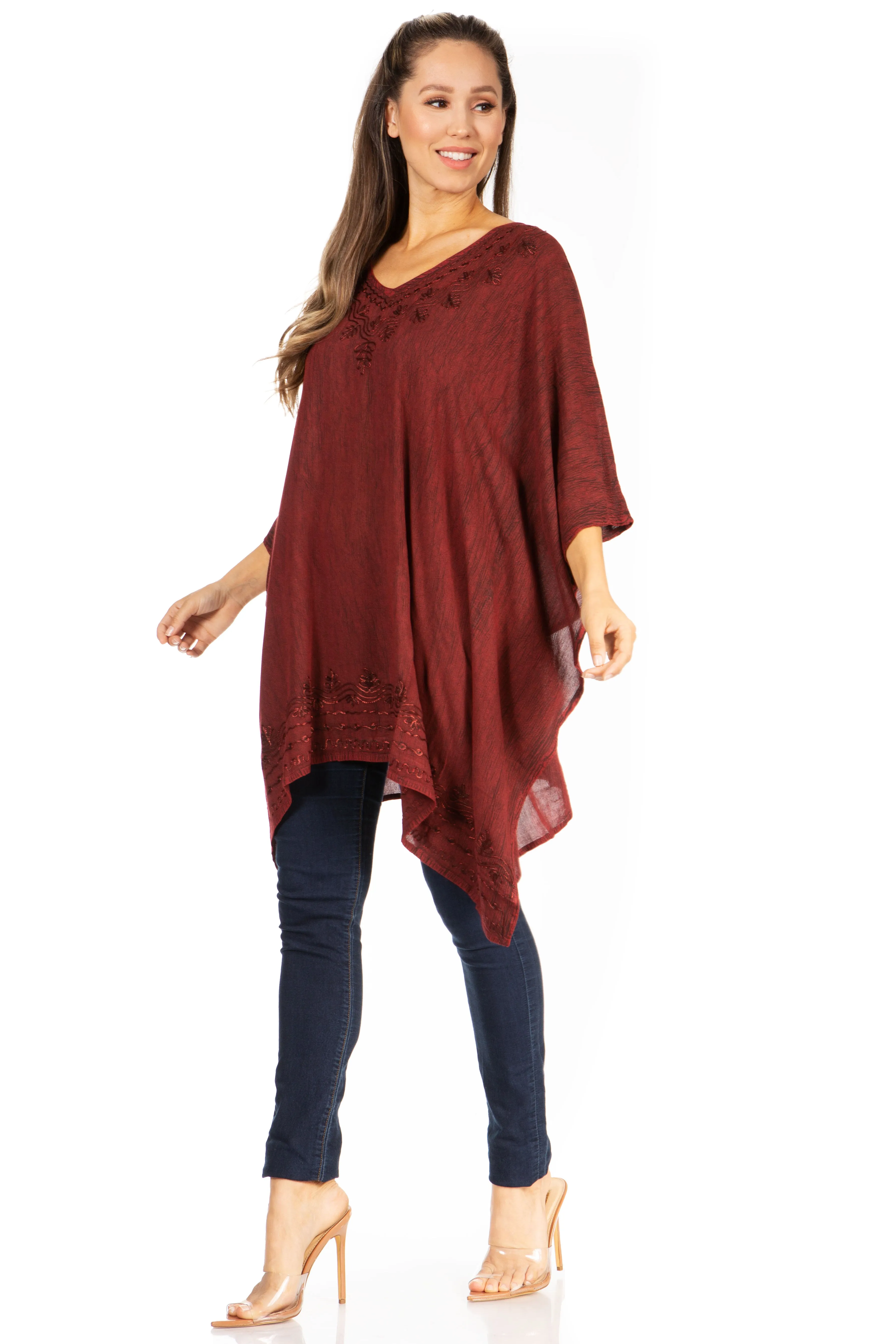 Sakkas Wren Lightweight Circle Poncho Top Blouse With Detailed Embroidery