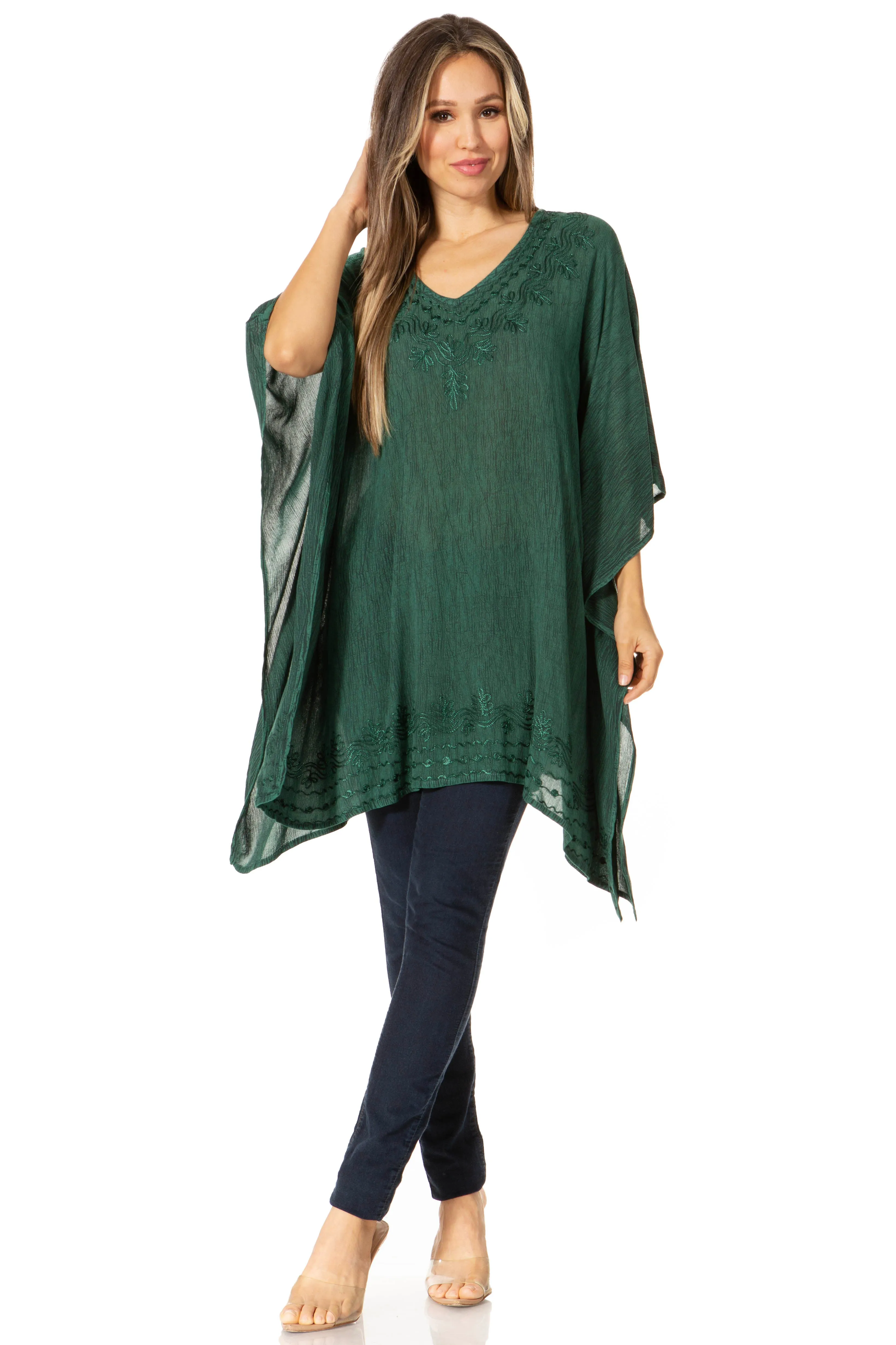 Sakkas Wren Lightweight Circle Poncho Top Blouse With Detailed Embroidery