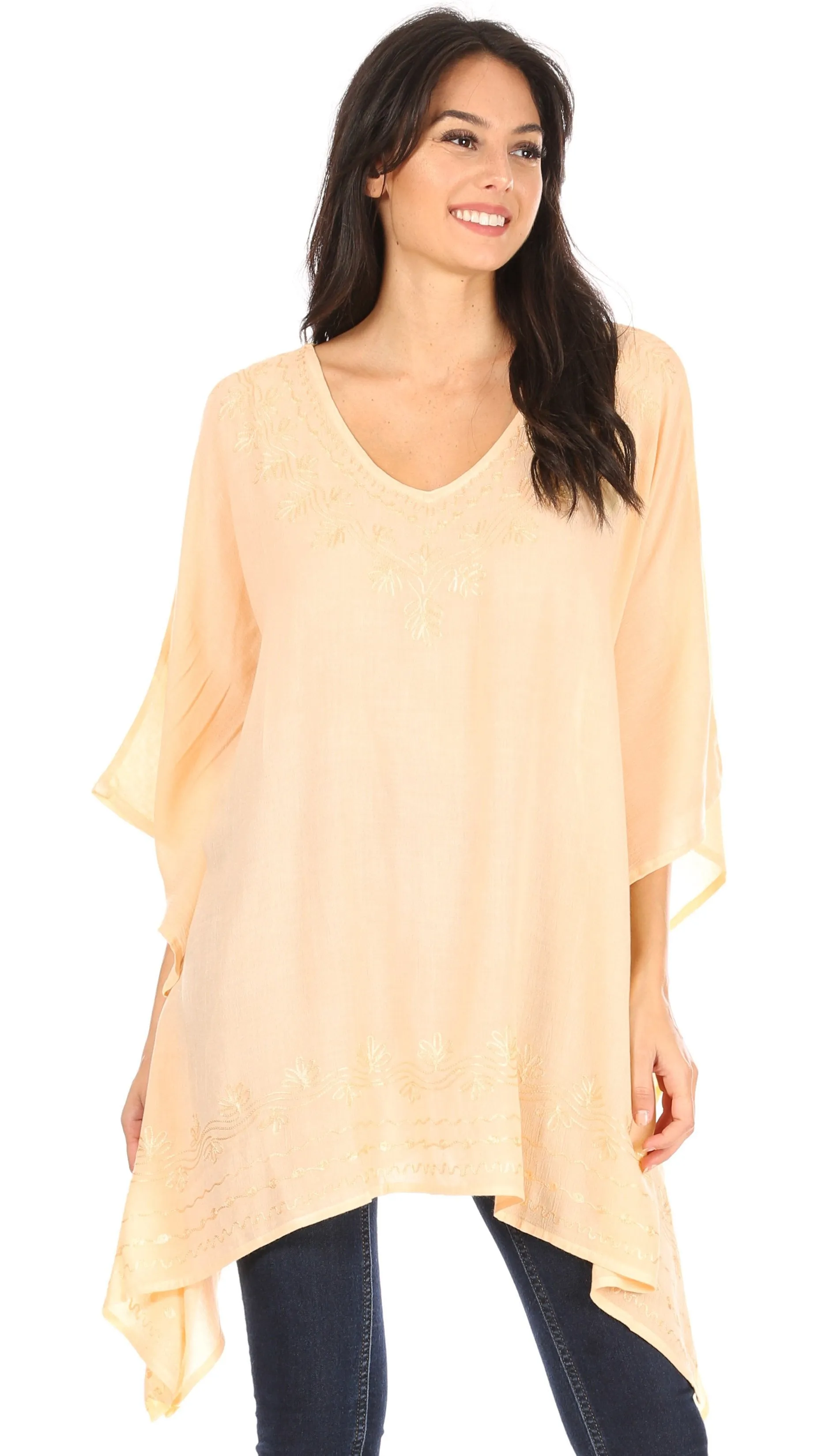 Sakkas Wren Lightweight Circle Poncho Top Blouse With Detailed Embroidery