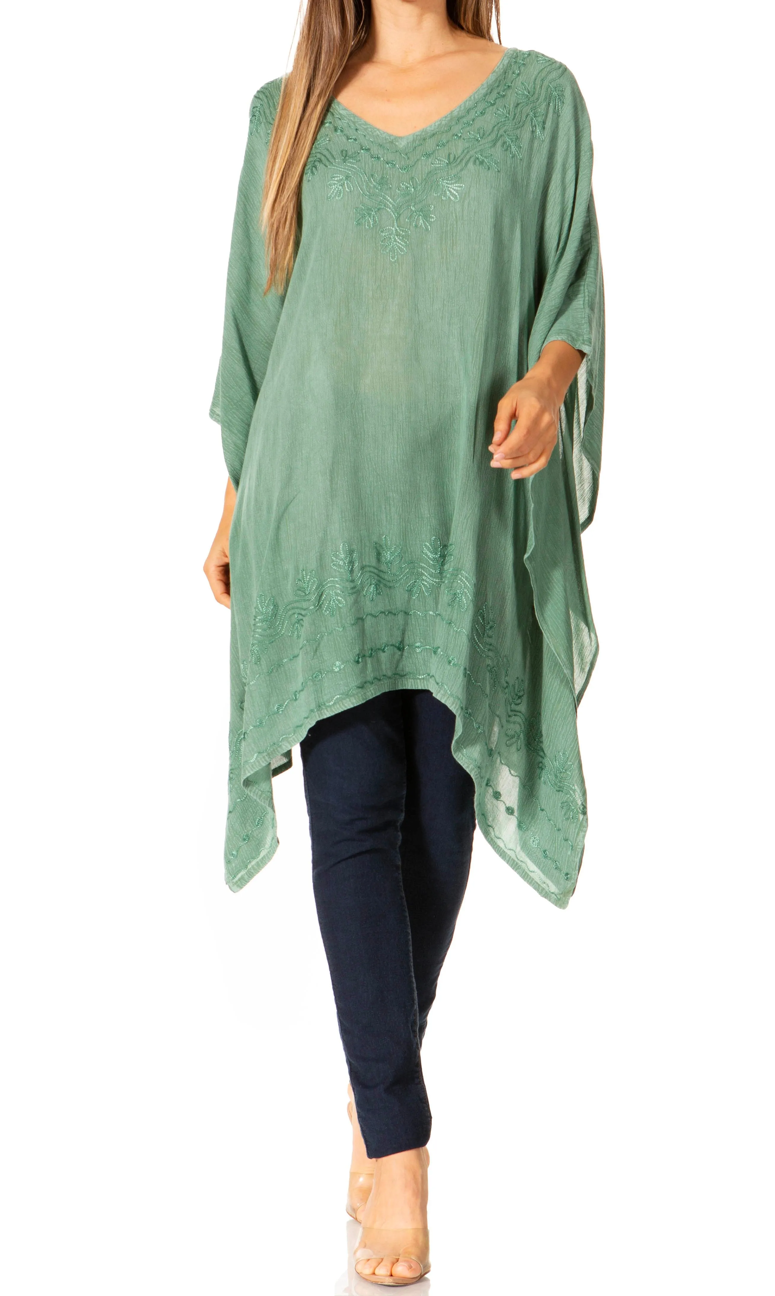 Sakkas Wren Lightweight Circle Poncho Top Blouse With Detailed Embroidery