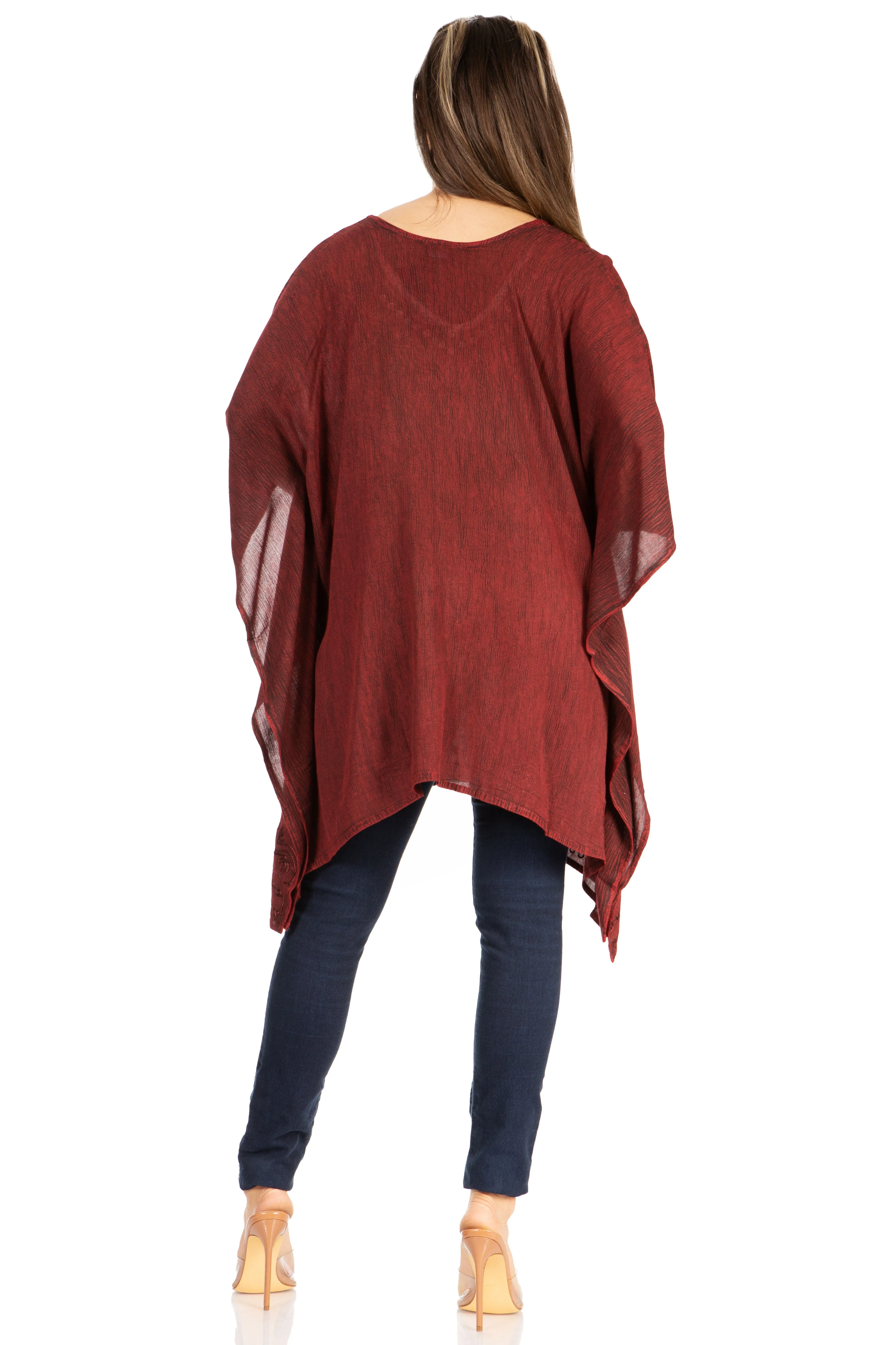 Sakkas Wren Lightweight Circle Poncho Top Blouse With Detailed Embroidery