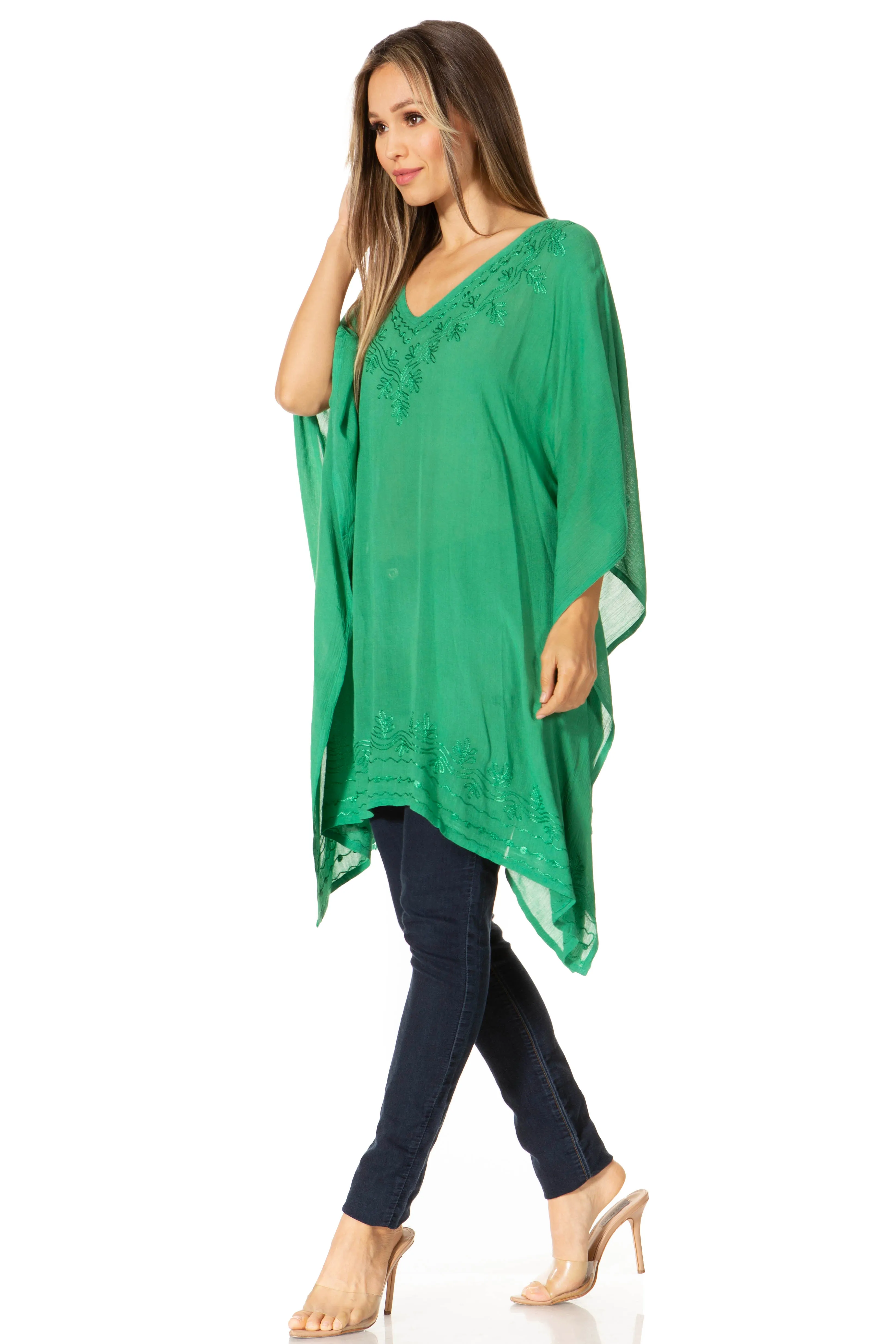 Sakkas Wren Lightweight Circle Poncho Top Blouse With Detailed Embroidery