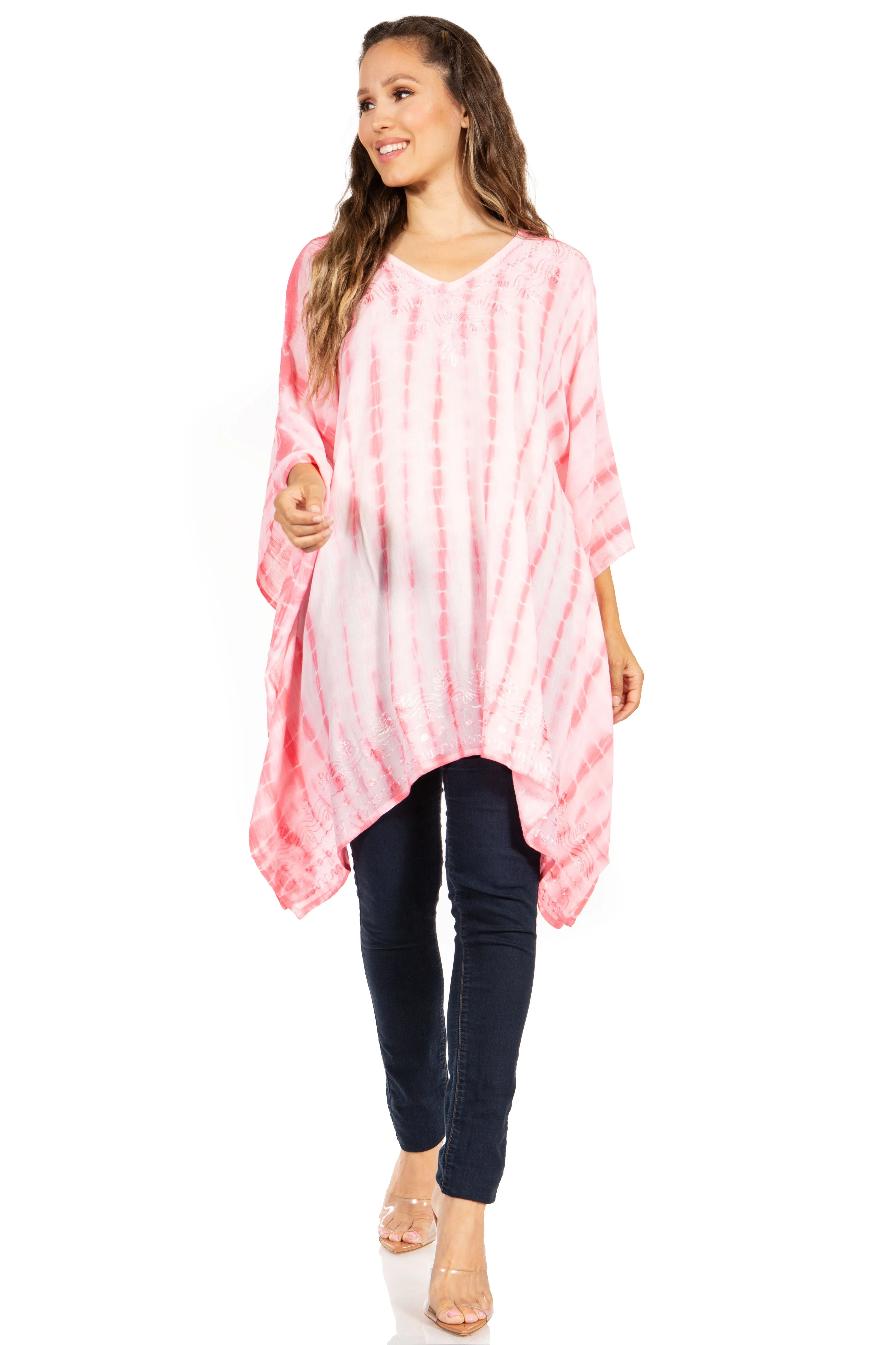 Sakkas Wren Lightweight Circle Poncho Top Blouse With Detailed Embroidery