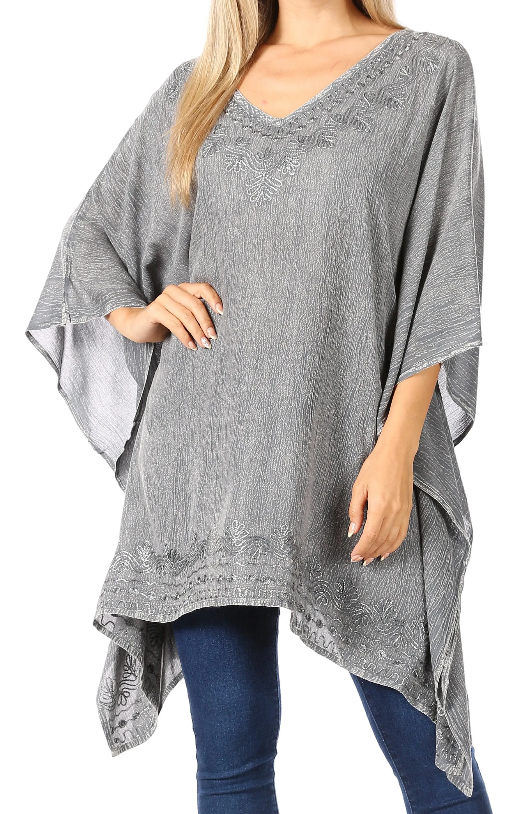 Sakkas Wren Lightweight Circle Poncho Top Blouse With Detailed Embroidery