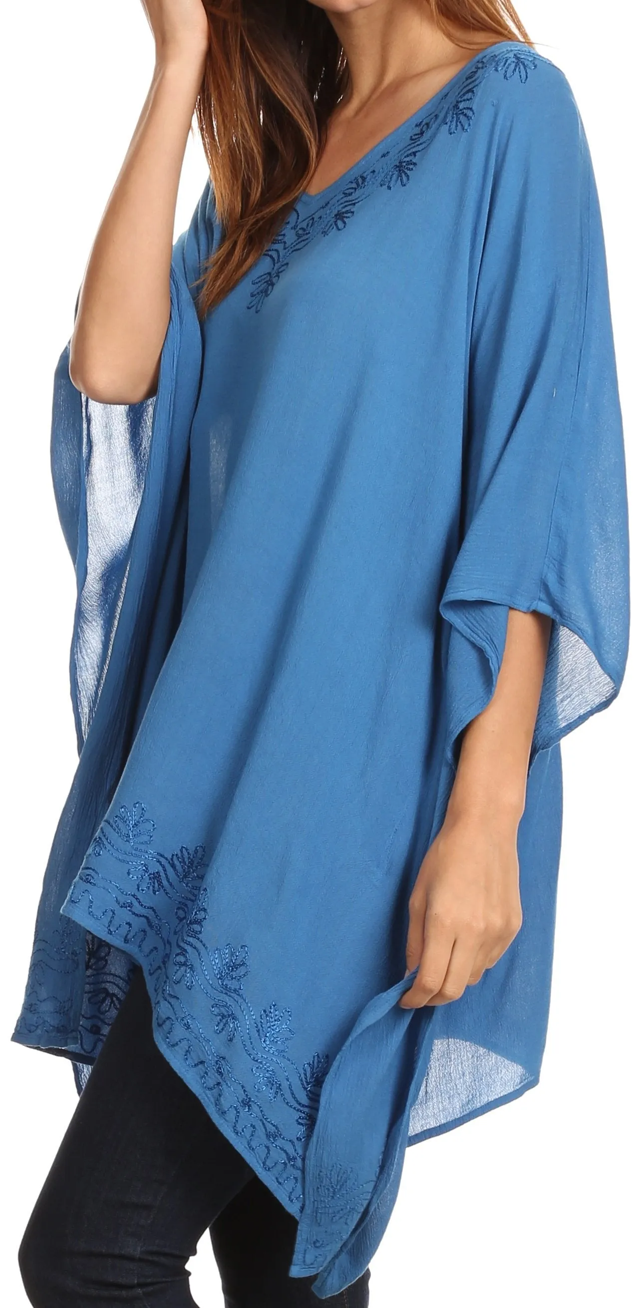 Sakkas Wren Lightweight Circle Poncho Top Blouse With Detailed Embroidery