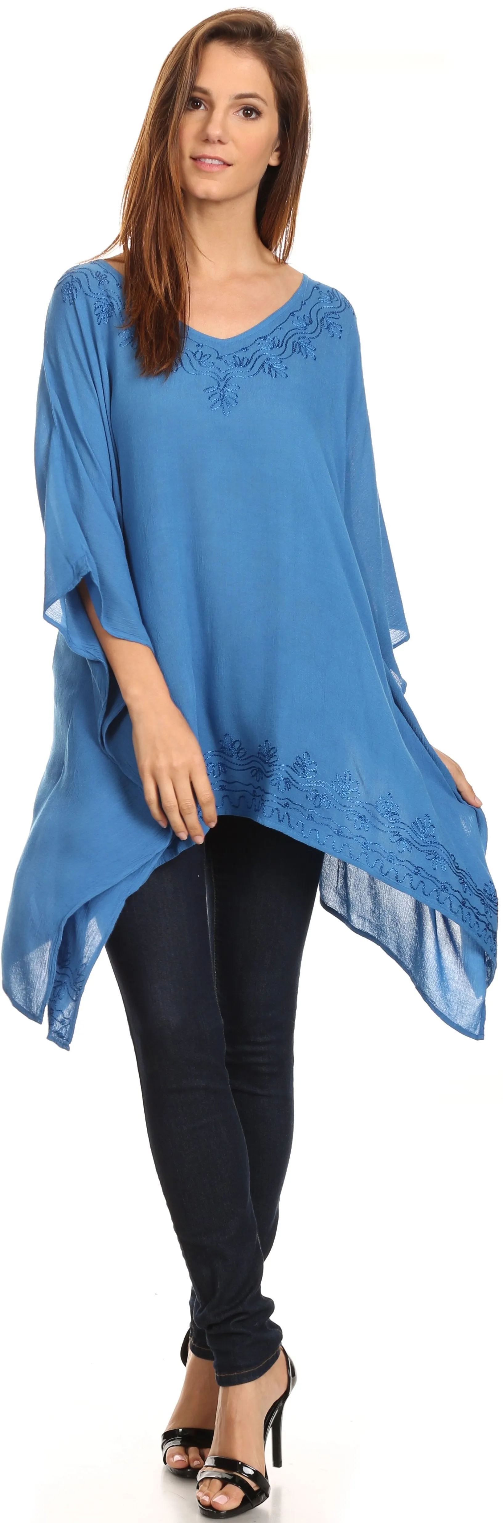 Sakkas Wren Lightweight Circle Poncho Top Blouse With Detailed Embroidery