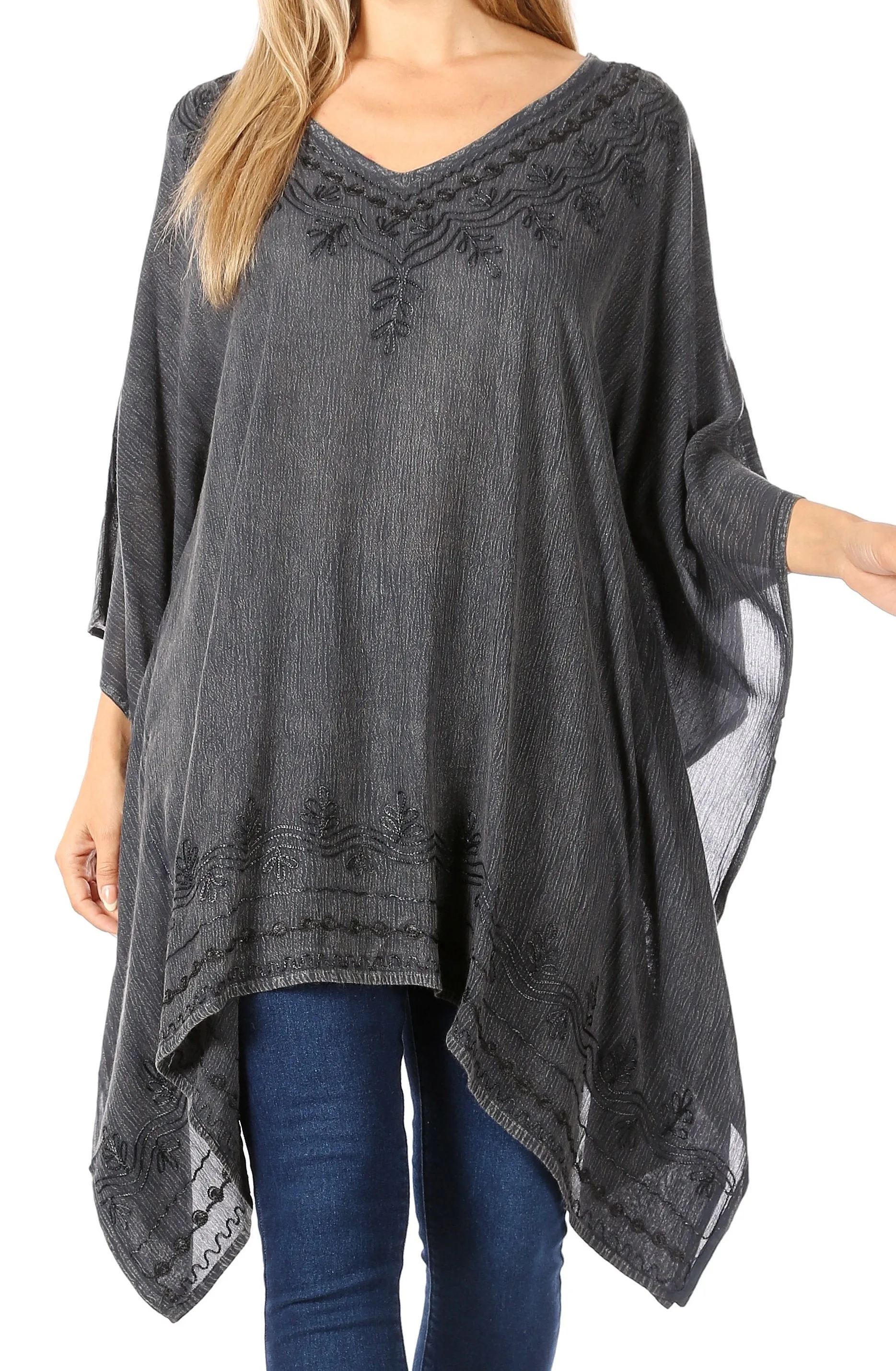 Sakkas Wren Lightweight Circle Poncho Top Blouse With Detailed Embroidery