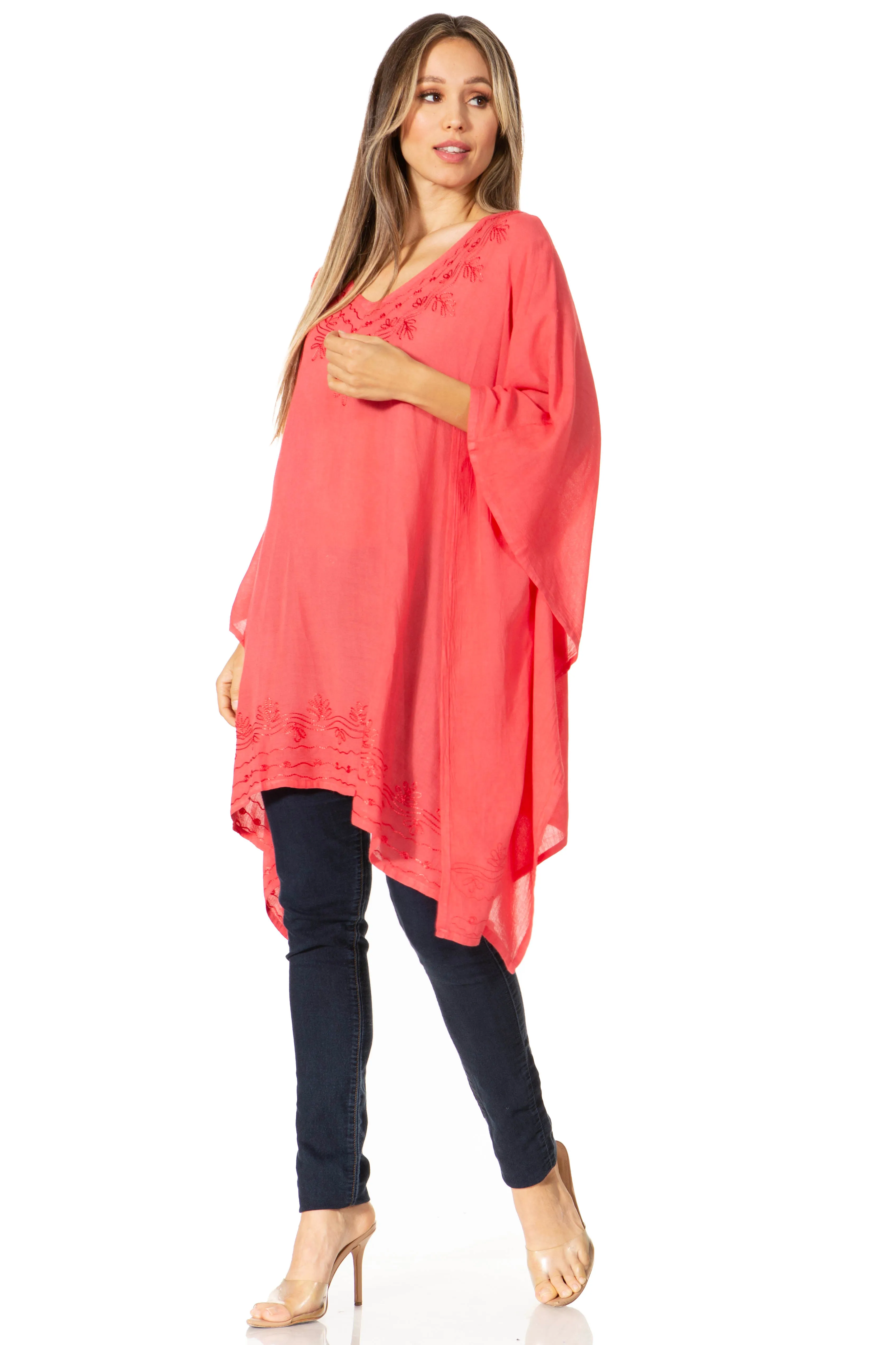 Sakkas Wren Lightweight Circle Poncho Top Blouse With Detailed Embroidery