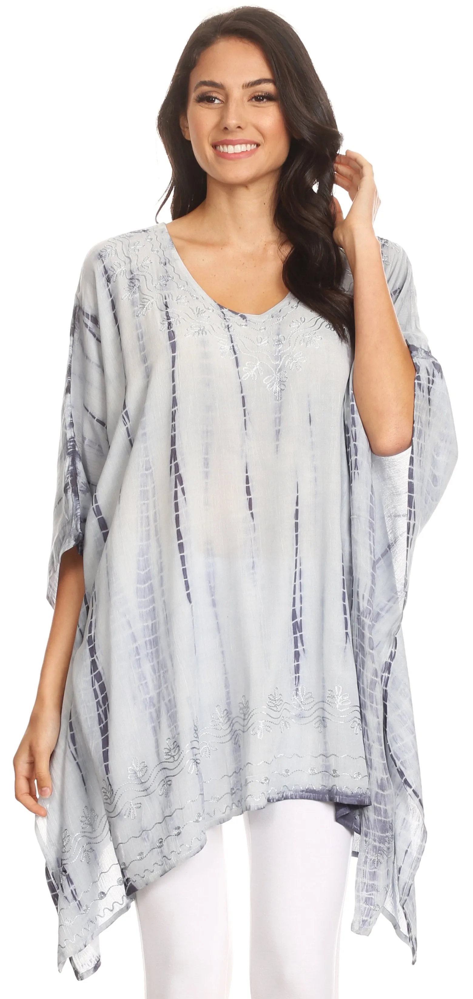 Sakkas Wren Lightweight Circle Poncho Top Blouse With Detailed Embroidery