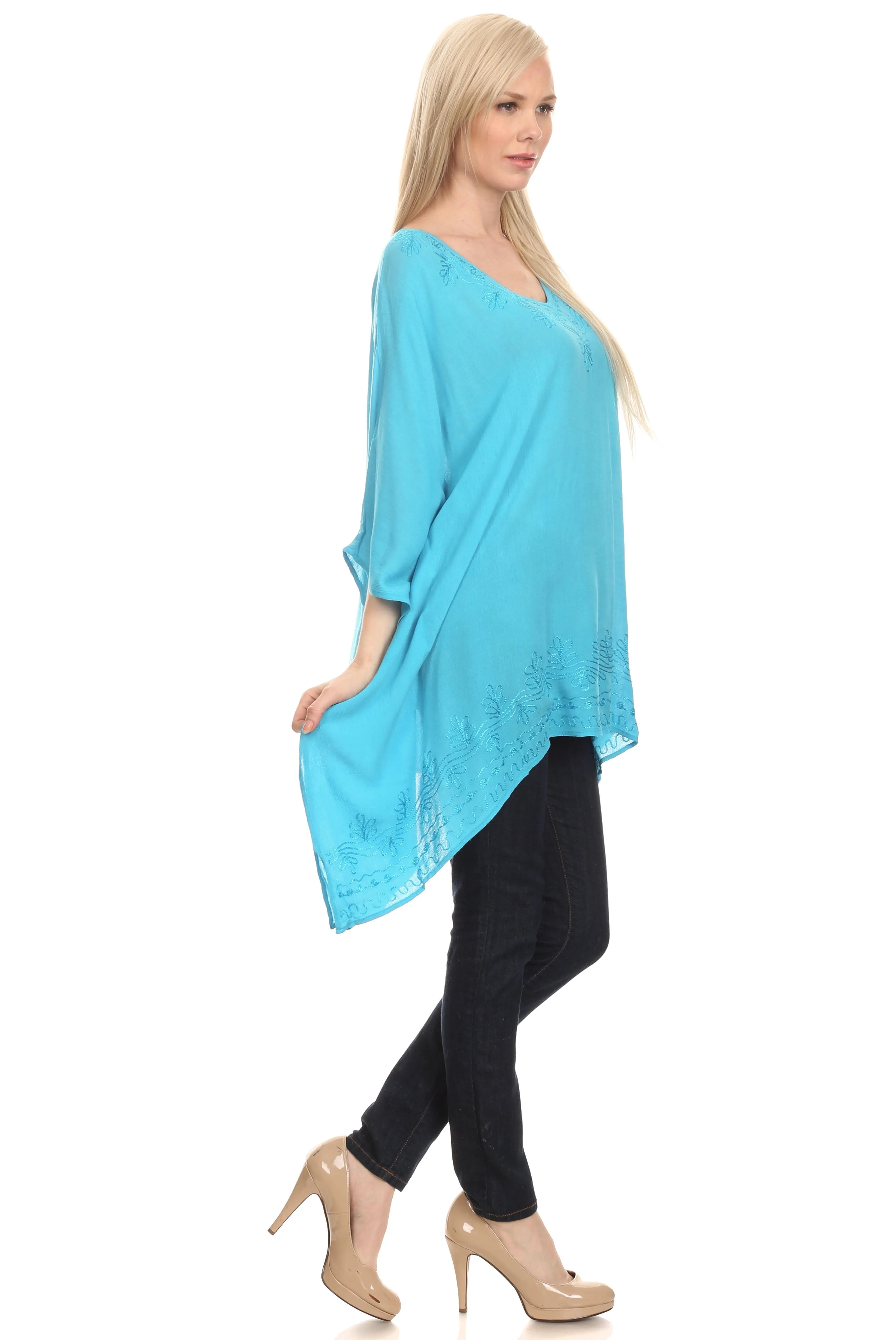 Sakkas Wren Lightweight Circle Poncho Top Blouse With Detailed Embroidery