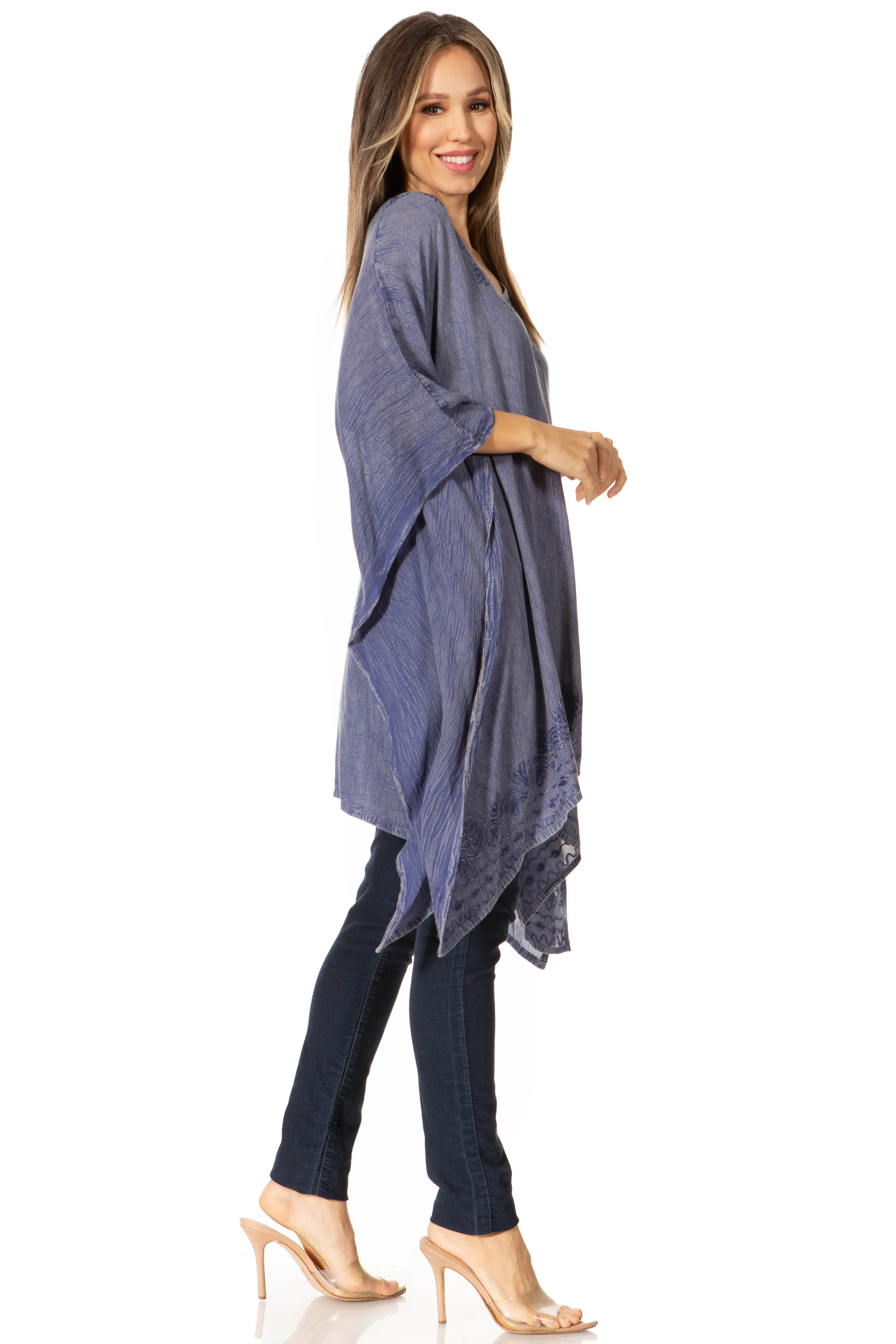 Sakkas Wren Lightweight Circle Poncho Top Blouse With Detailed Embroidery