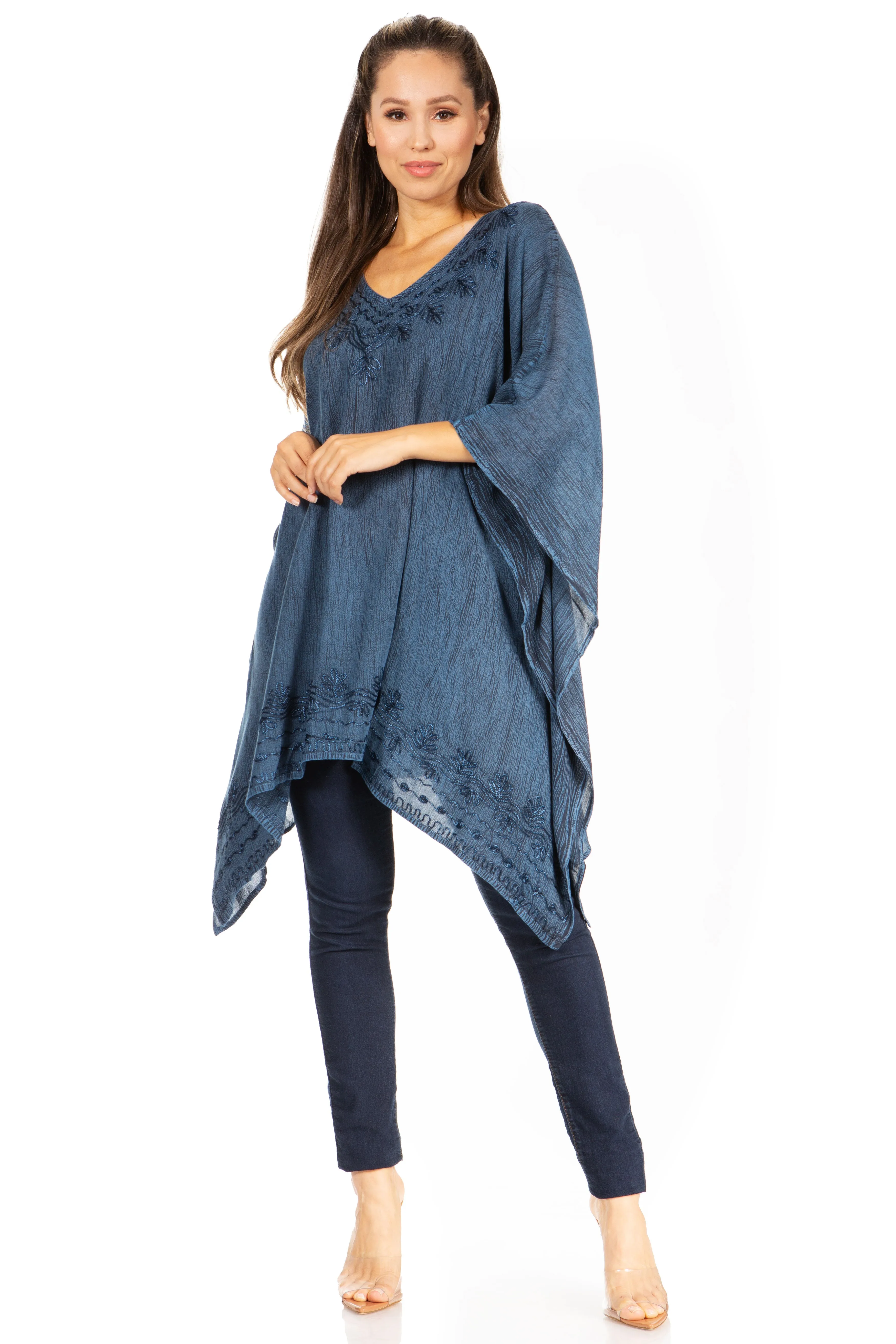 Sakkas Wren Lightweight Circle Poncho Top Blouse With Detailed Embroidery