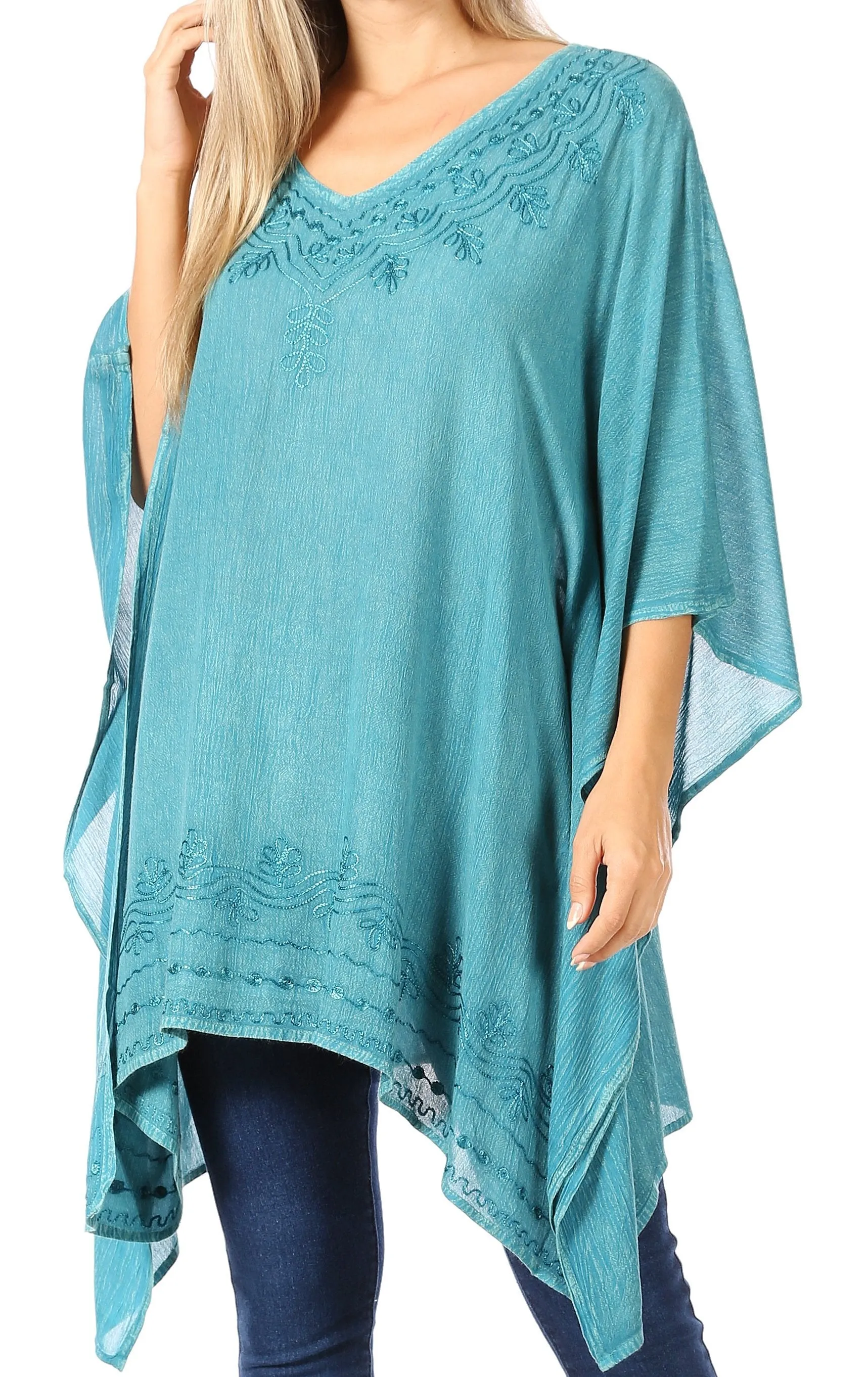 Sakkas Wren Lightweight Circle Poncho Top Blouse With Detailed Embroidery