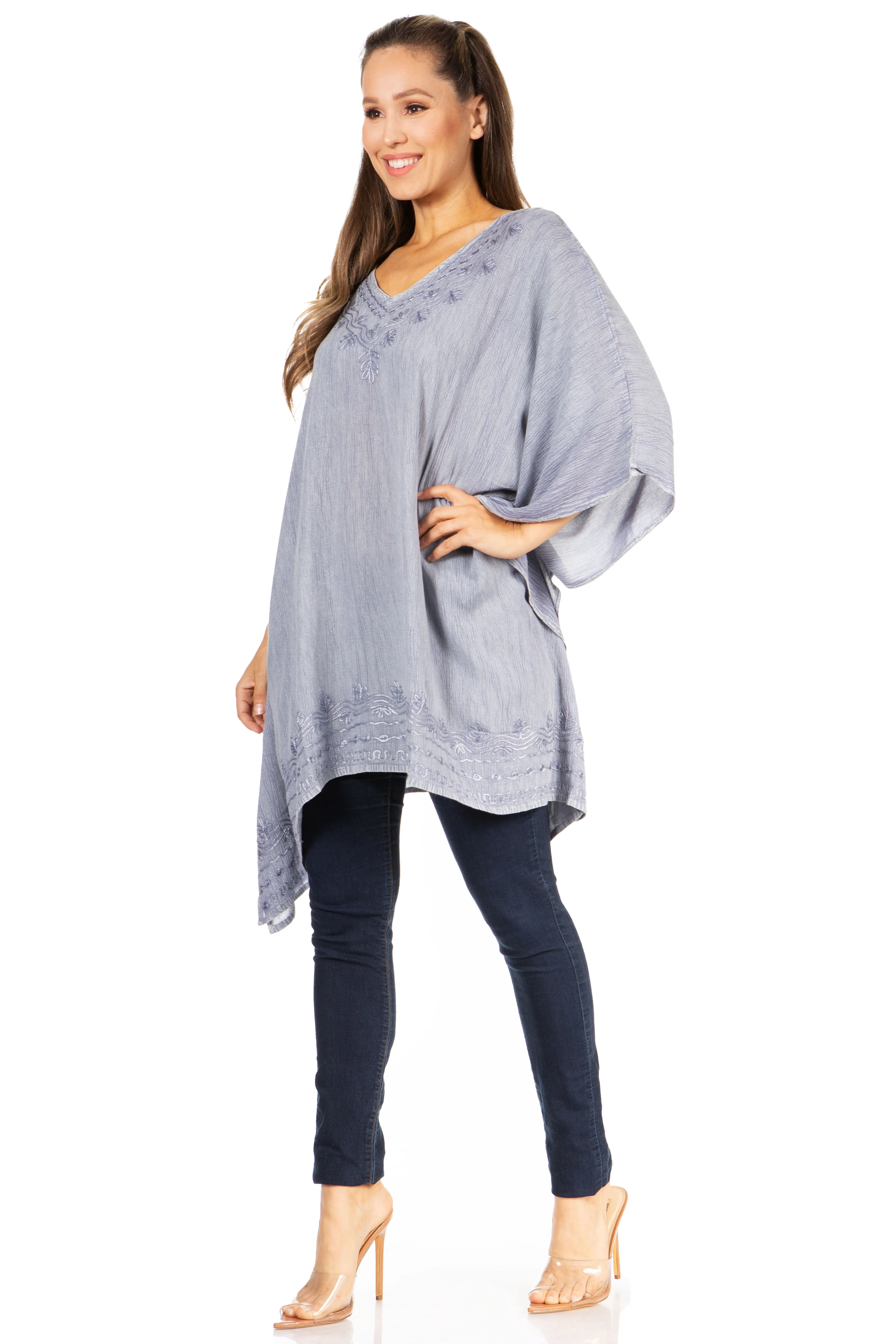 Sakkas Wren Lightweight Circle Poncho Top Blouse With Detailed Embroidery