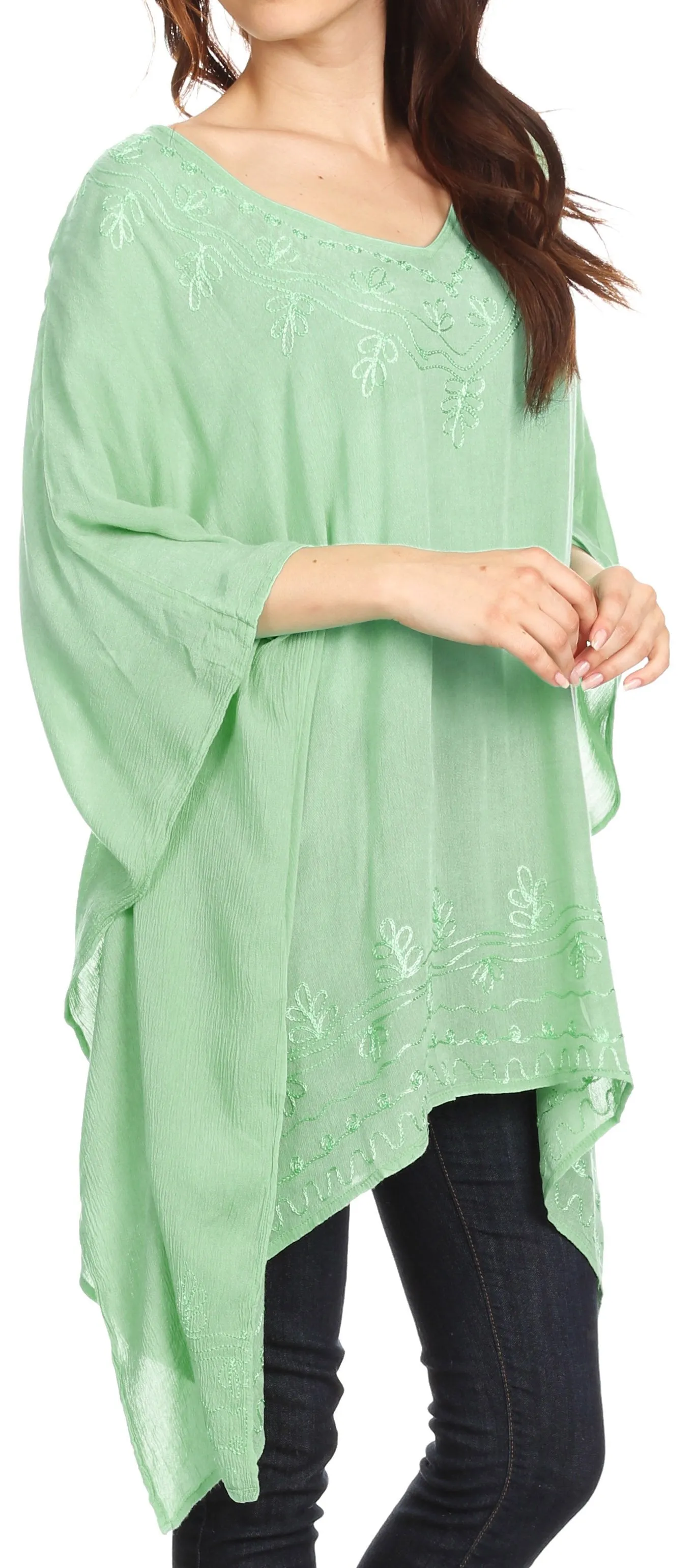 Sakkas Wren Lightweight Circle Poncho Top Blouse With Detailed Embroidery