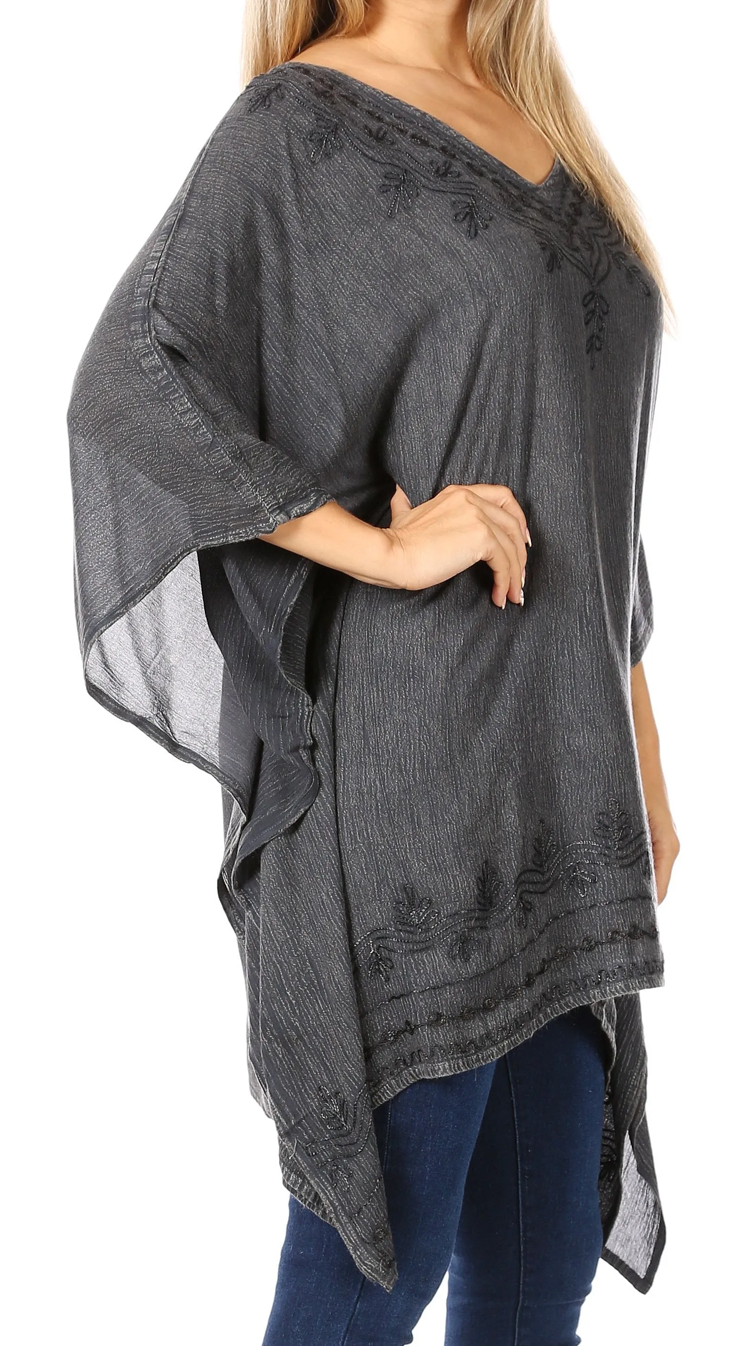 Sakkas Wren Lightweight Circle Poncho Top Blouse With Detailed Embroidery