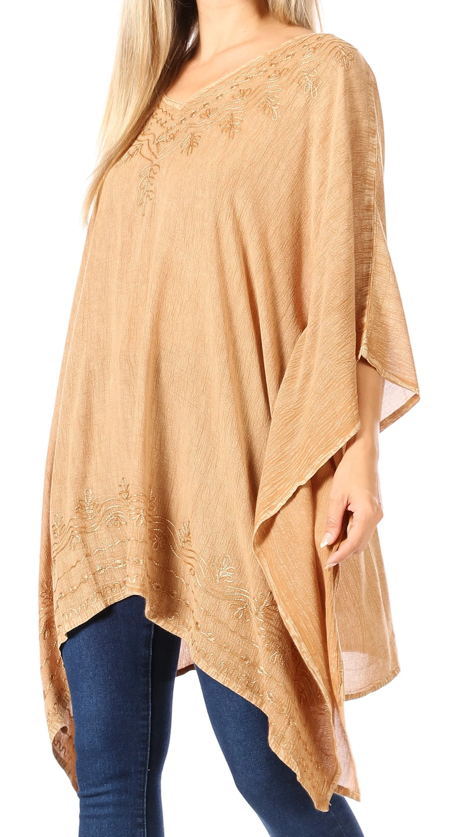 Sakkas Wren Lightweight Circle Poncho Top Blouse With Detailed Embroidery