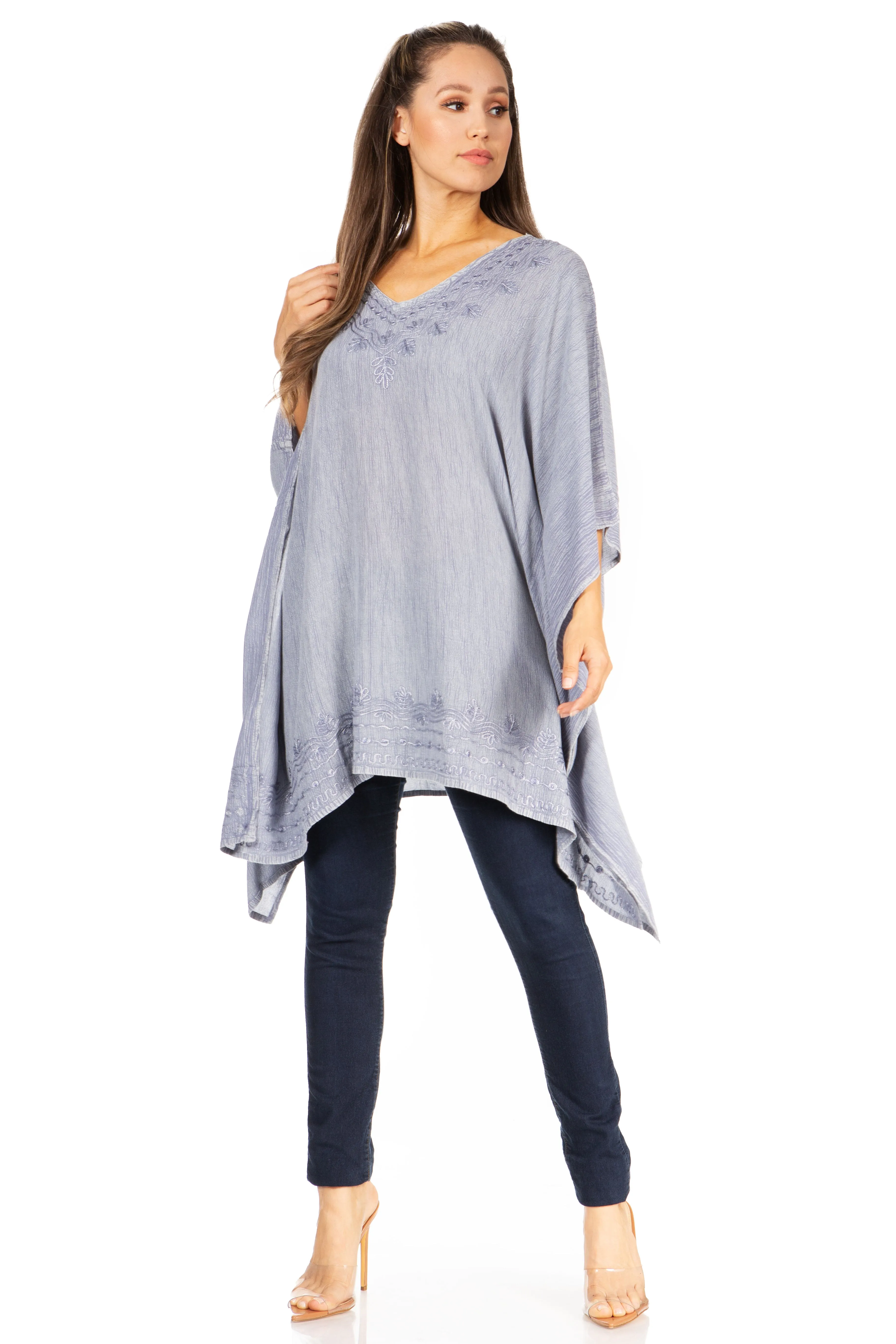 Sakkas Wren Lightweight Circle Poncho Top Blouse With Detailed Embroidery