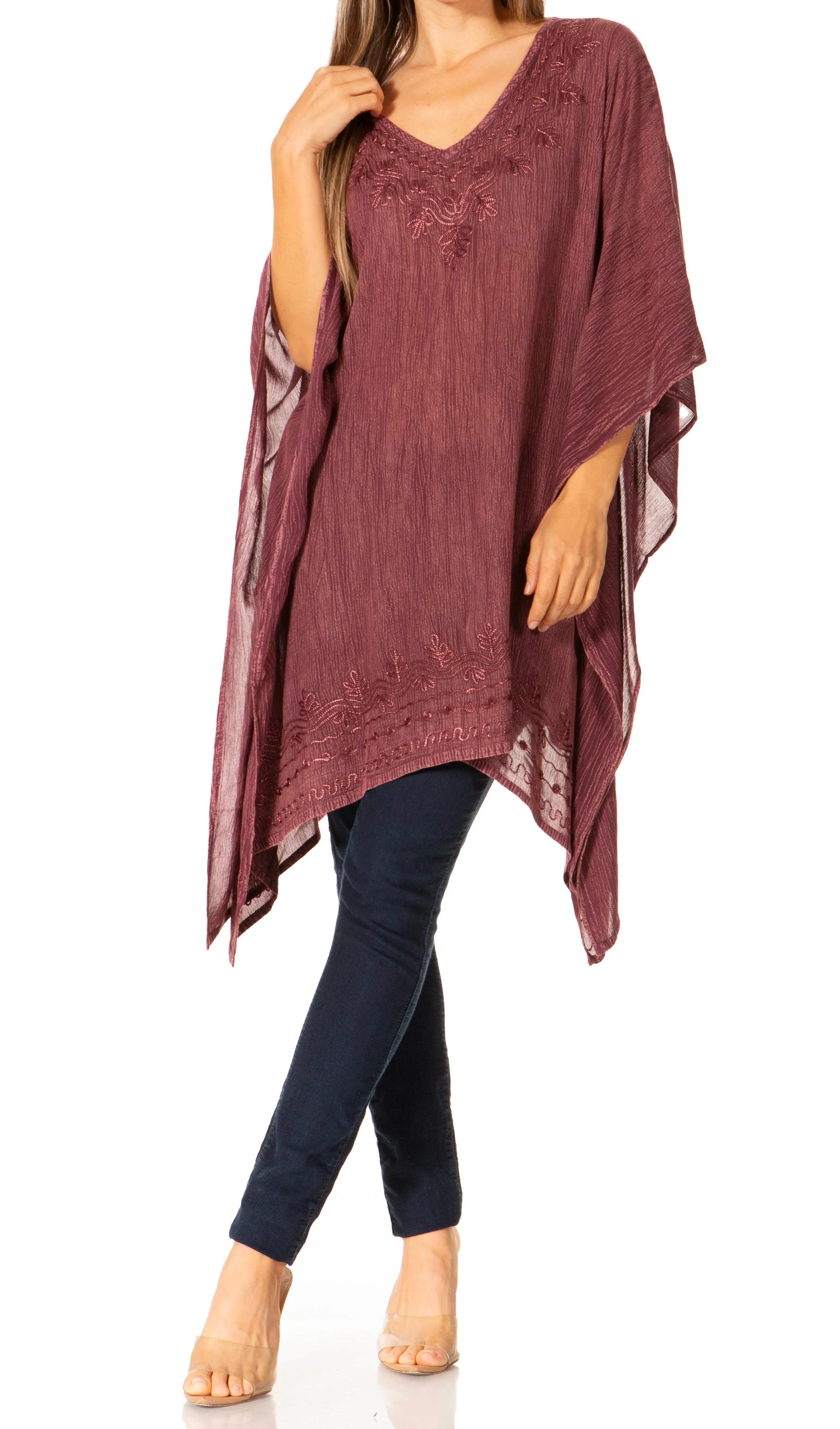 Sakkas Wren Lightweight Circle Poncho Top Blouse With Detailed Embroidery