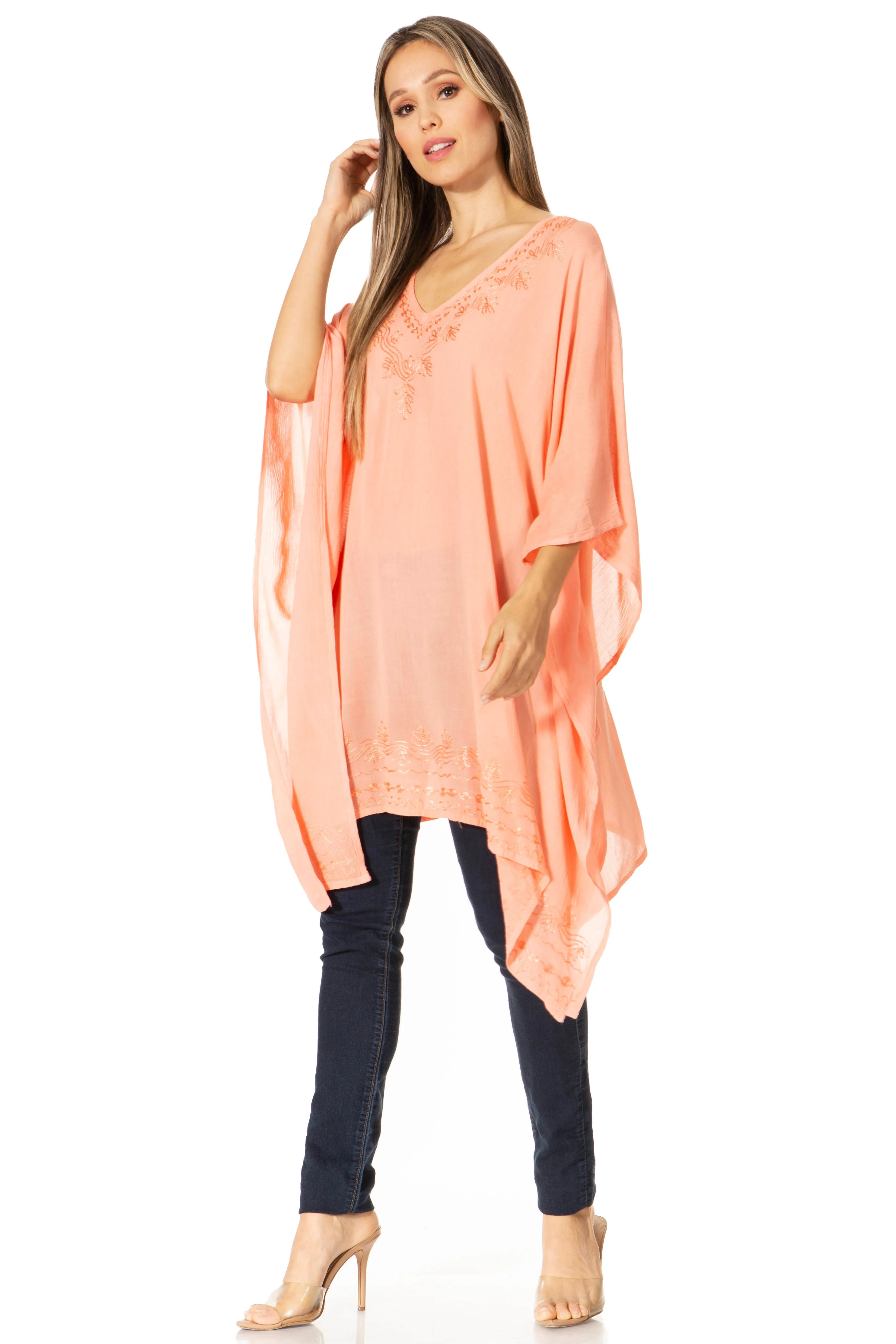 Sakkas Wren Lightweight Circle Poncho Top Blouse With Detailed Embroidery