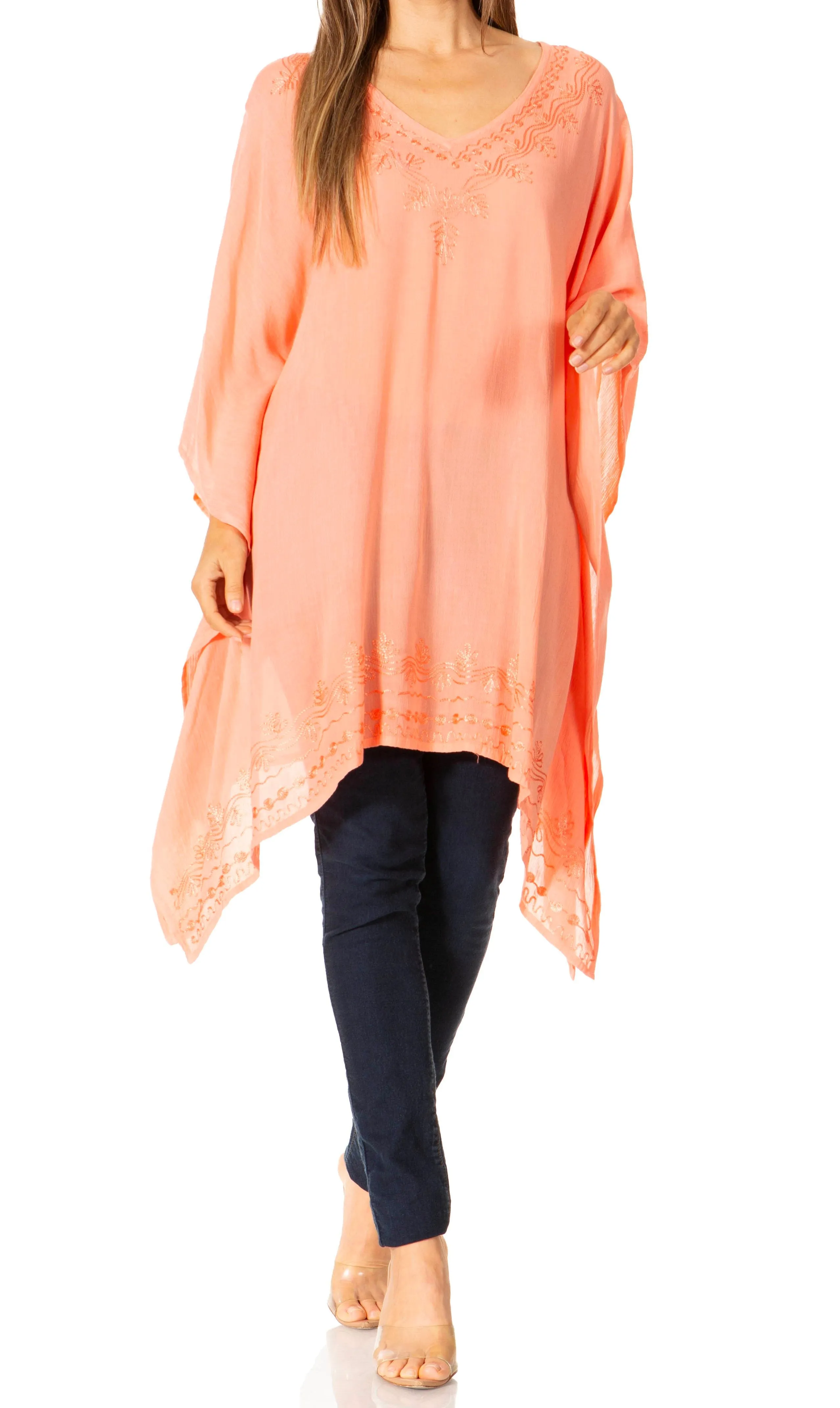 Sakkas Wren Lightweight Circle Poncho Top Blouse With Detailed Embroidery