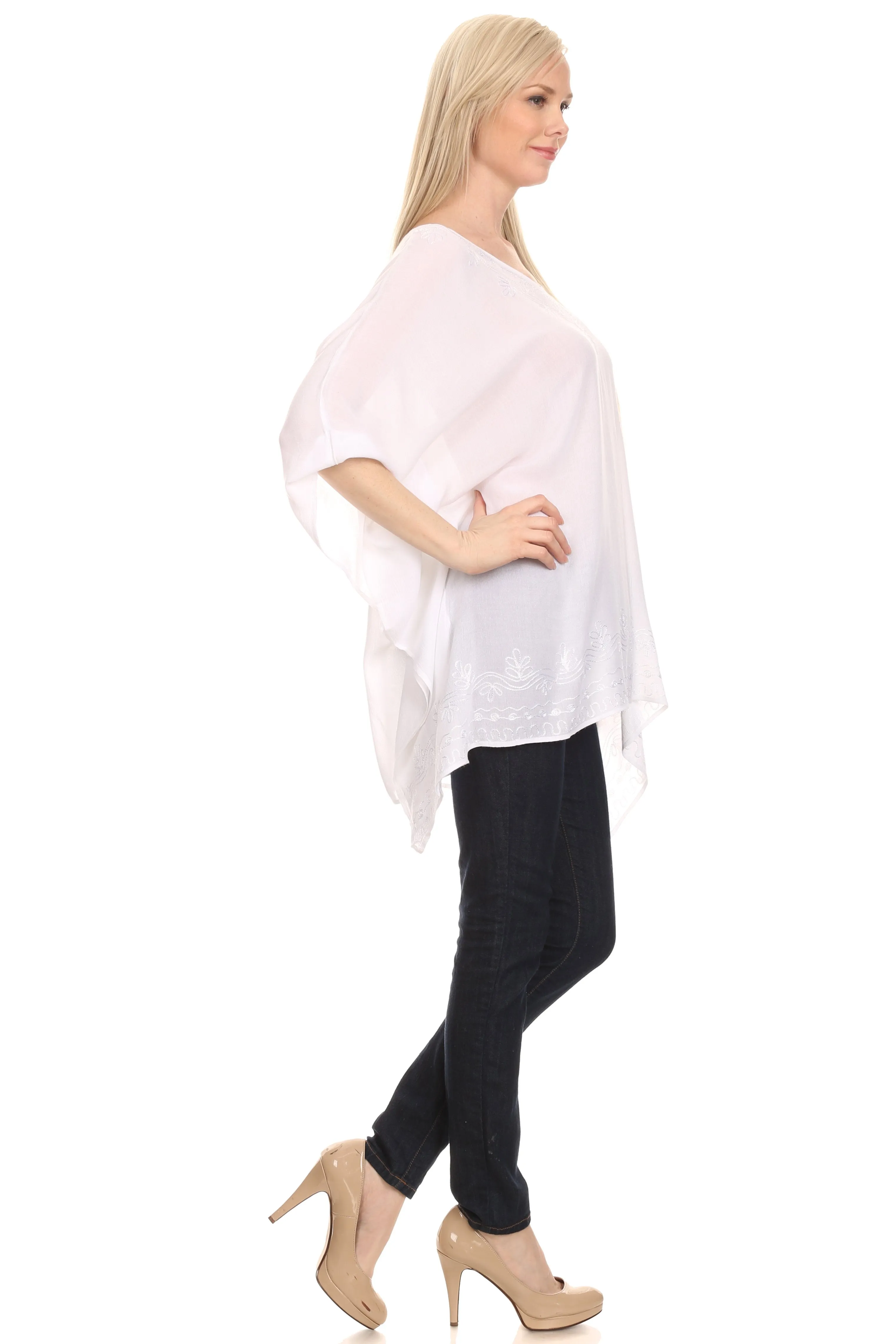 Sakkas Wren Lightweight Circle Poncho Top Blouse With Detailed Embroidery