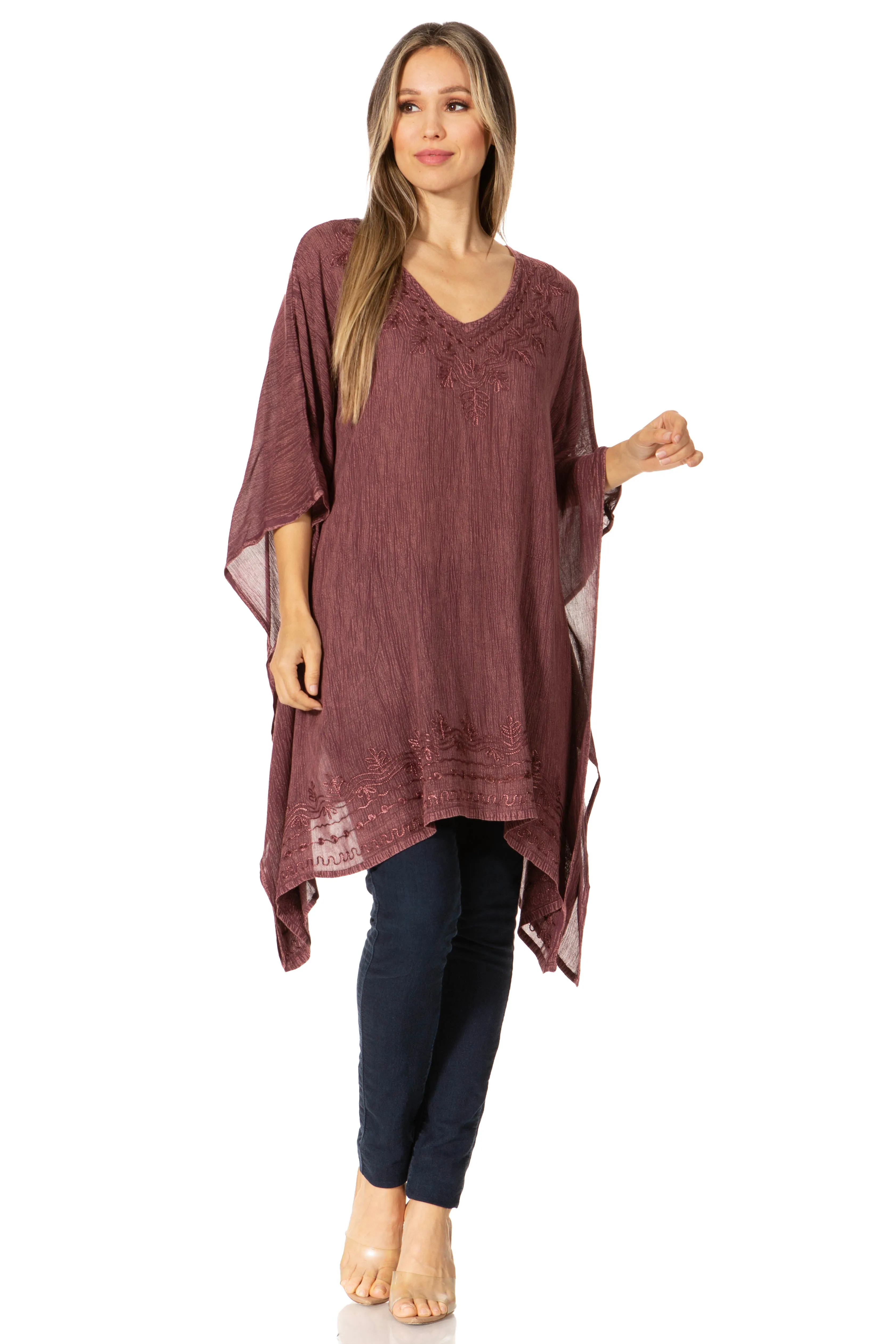 Sakkas Wren Lightweight Circle Poncho Top Blouse With Detailed Embroidery