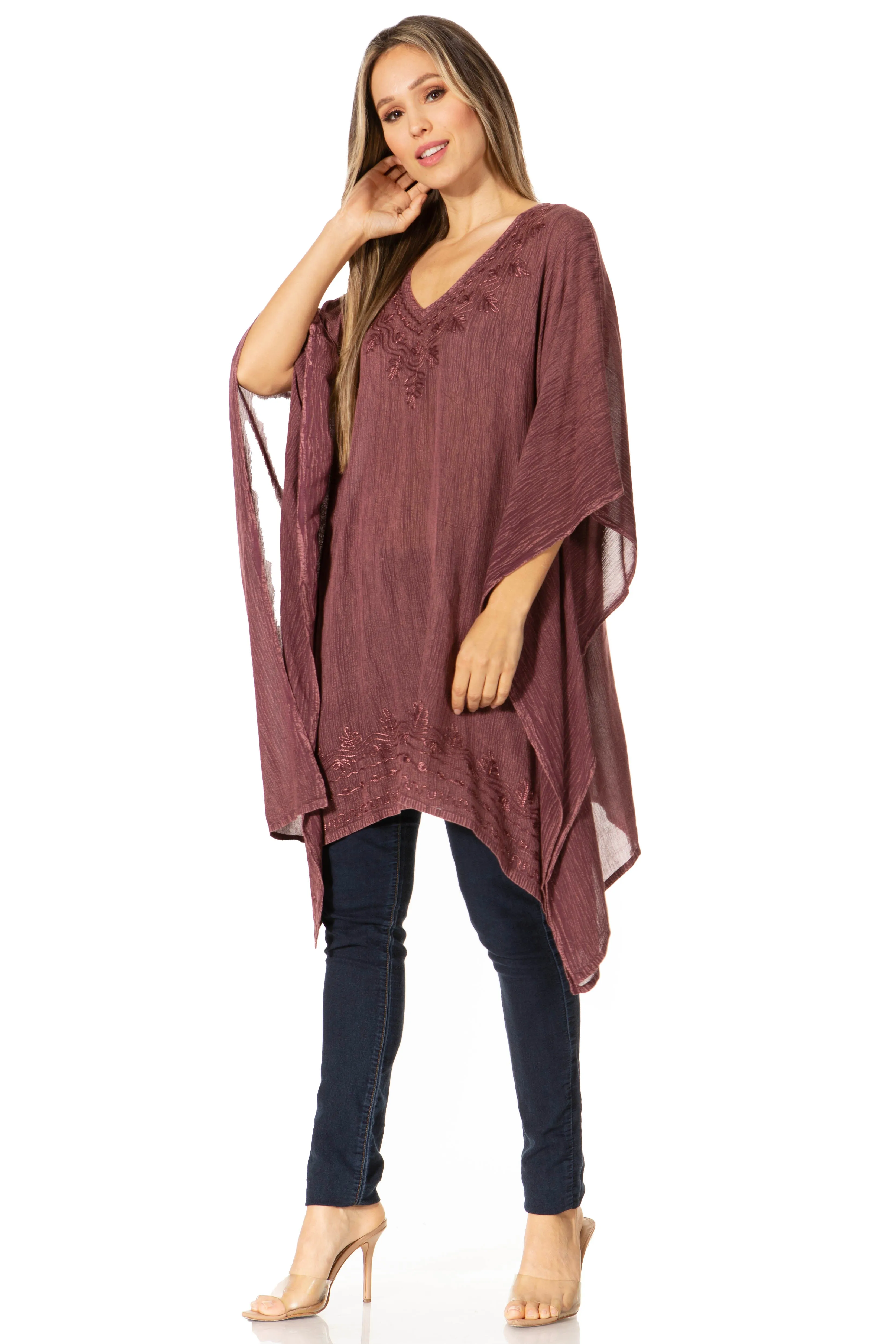 Sakkas Wren Lightweight Circle Poncho Top Blouse With Detailed Embroidery