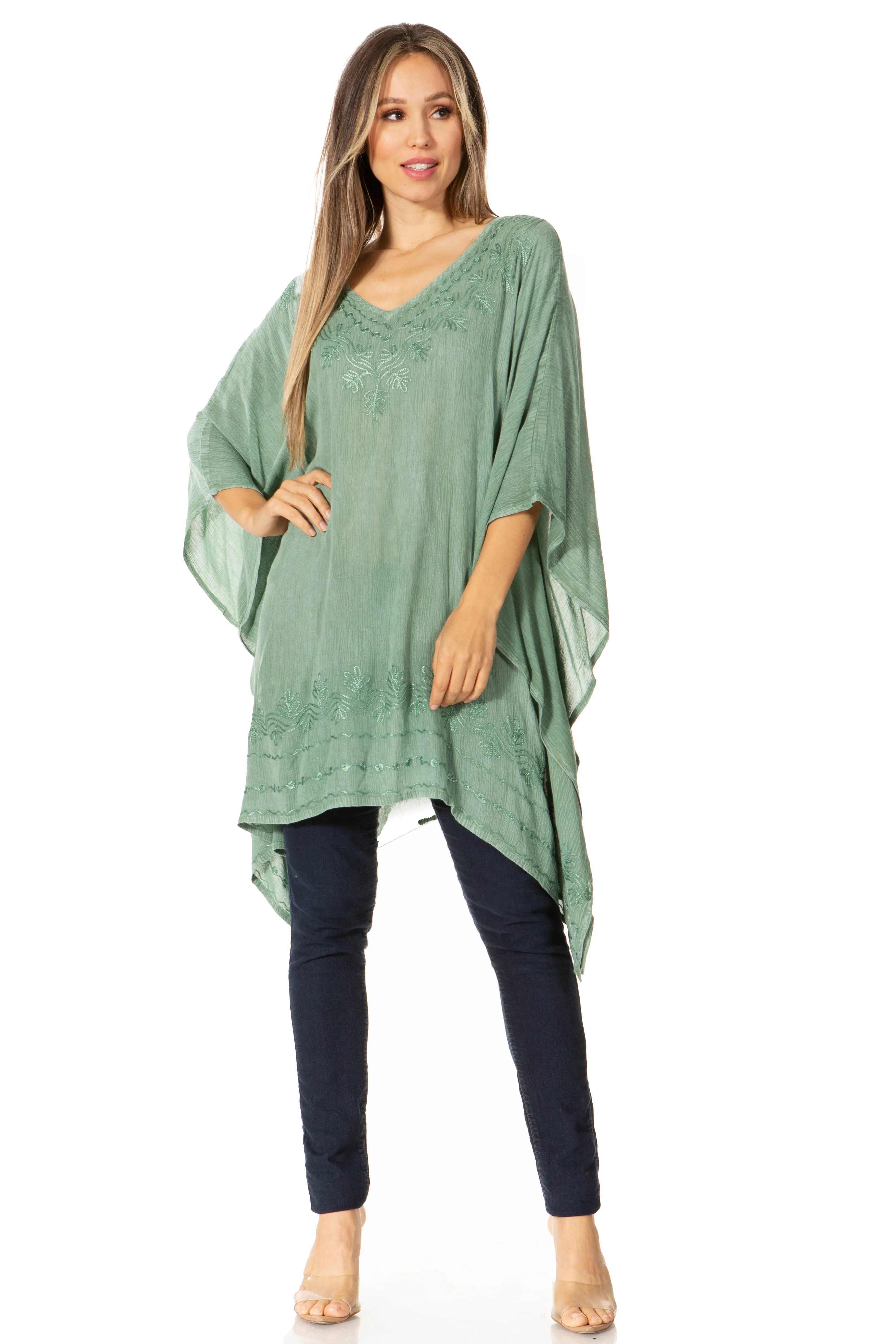 Sakkas Wren Lightweight Circle Poncho Top Blouse With Detailed Embroidery