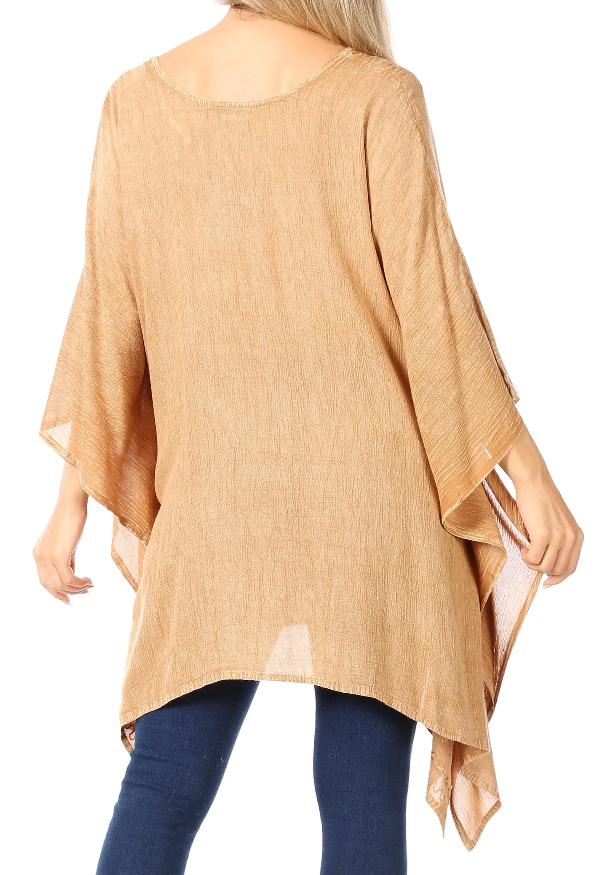 Sakkas Wren Lightweight Circle Poncho Top Blouse With Detailed Embroidery