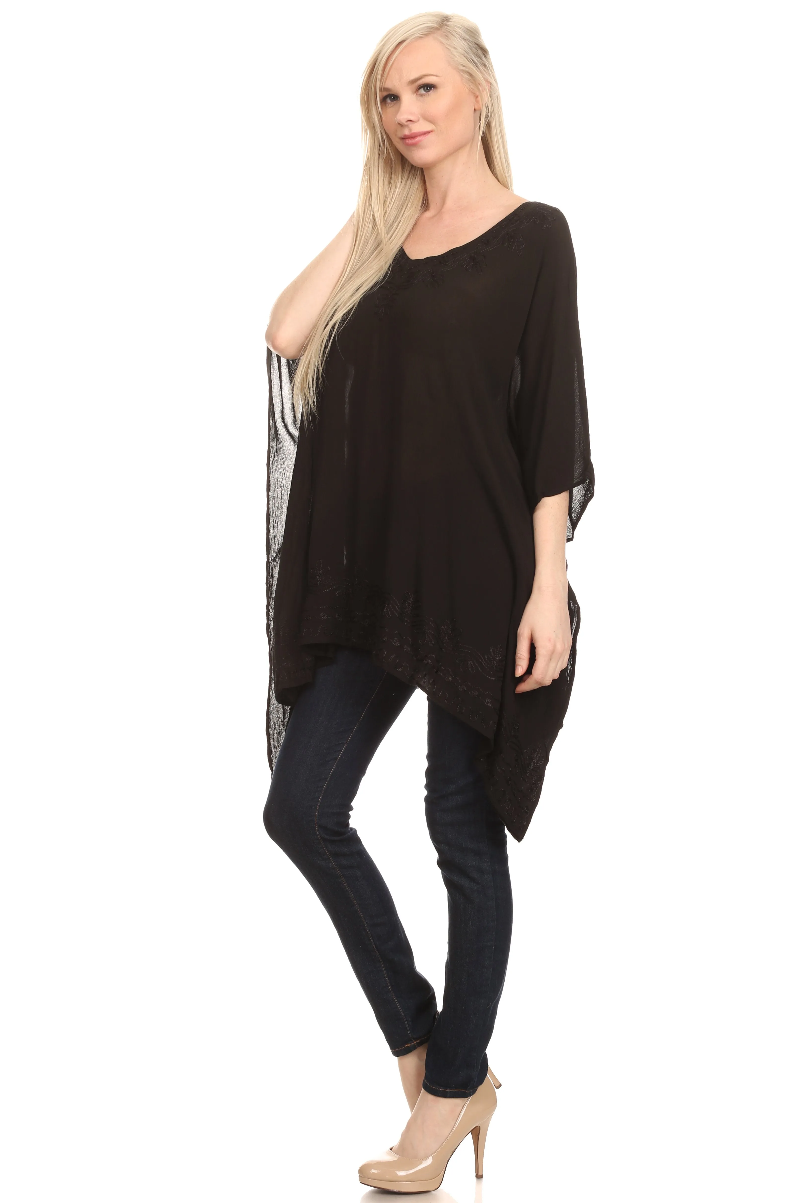 Sakkas Wren Lightweight Circle Poncho Top Blouse With Detailed Embroidery