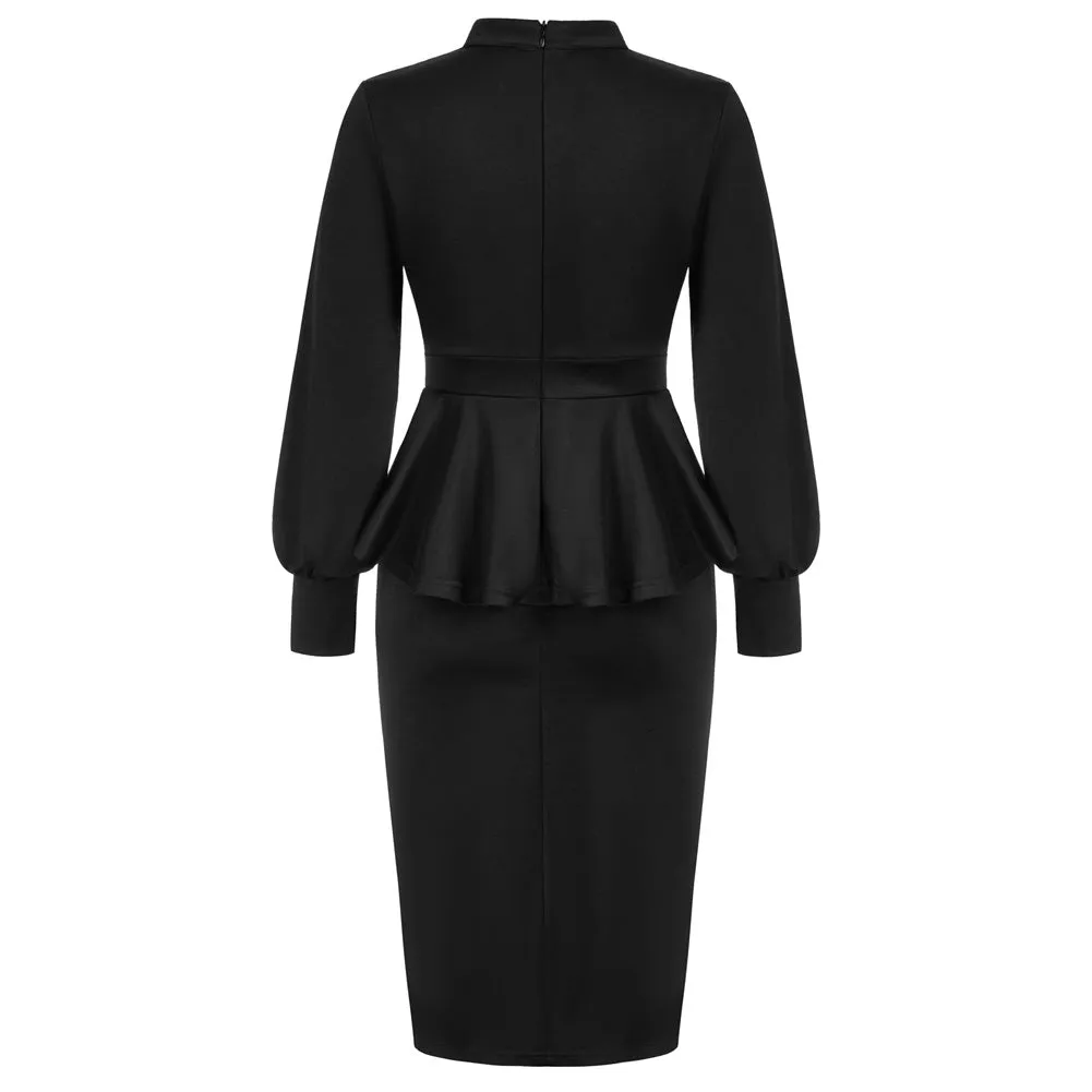 Seckill Offer⌛Vintage Peplum Bodycon Dress Long Lantern Sleeve High Neck Dress