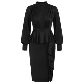 Seckill Offer⌛Vintage Peplum Bodycon Dress Long Lantern Sleeve High Neck Dress