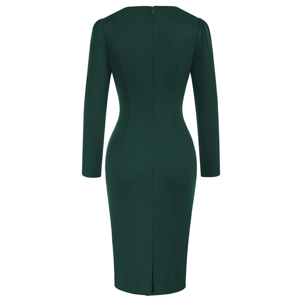 Seckill Offer⌛Vintage Ruched Dress Long Sleeve Defined Waist Bodycon Dress