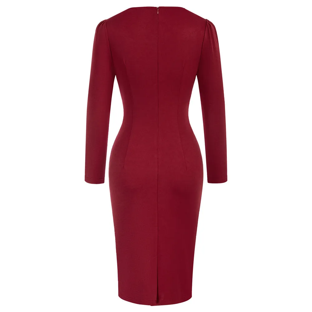 Seckill Offer⌛Vintage Ruched Dress Long Sleeve Defined Waist Bodycon Dress