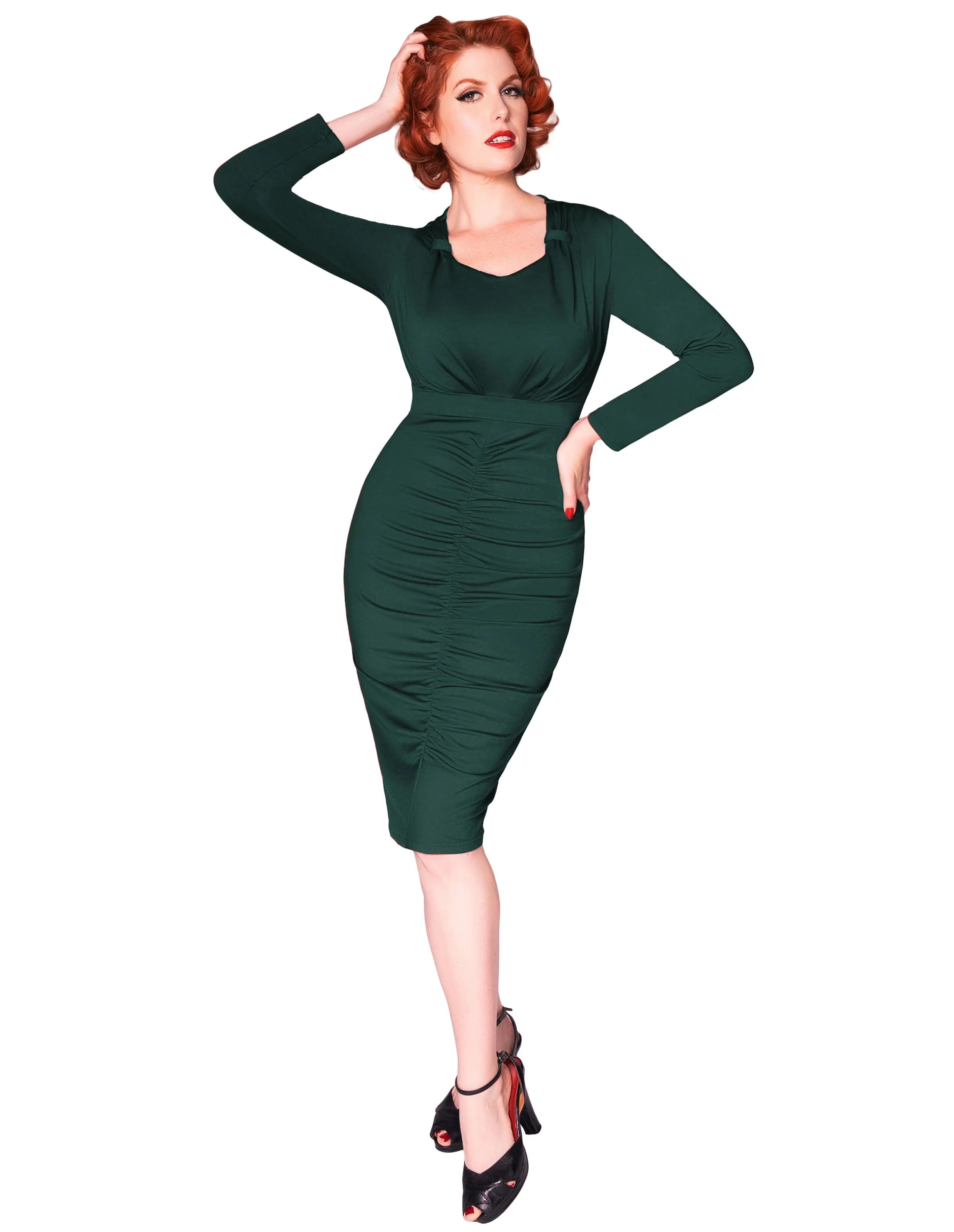 Seckill Offer⌛Vintage Ruched Dress Long Sleeve Defined Waist Bodycon Dress