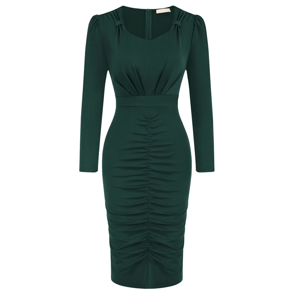 Seckill Offer⌛Vintage Ruched Dress Long Sleeve Defined Waist Bodycon Dress