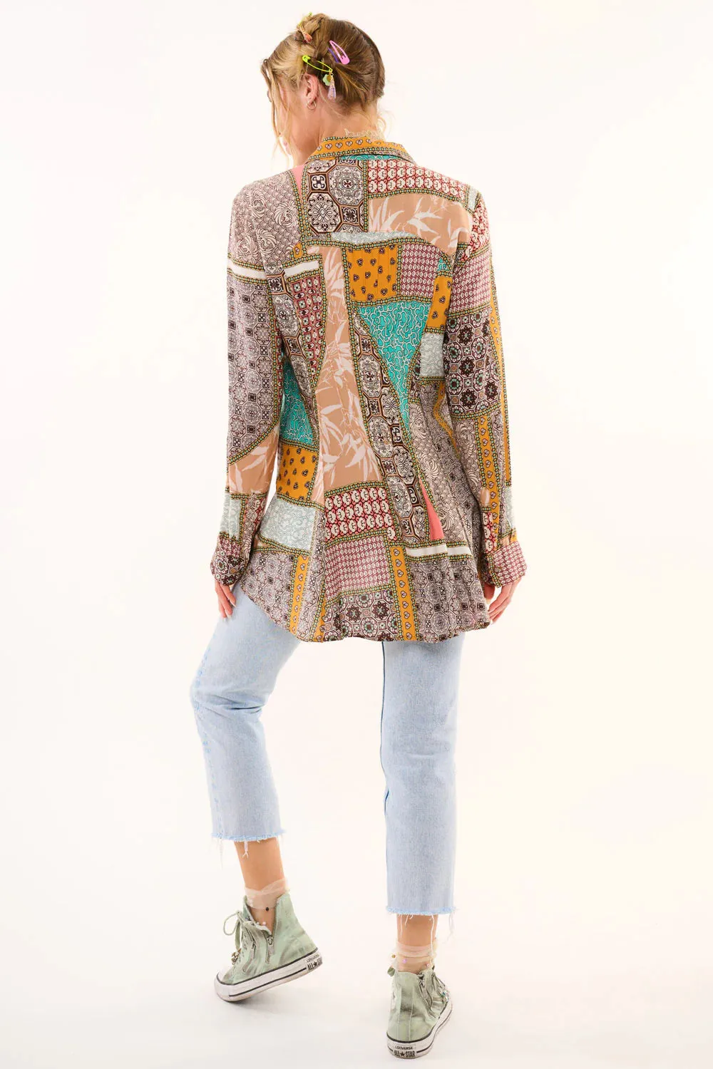 Sequin embroidered geo floral print button-down shirt