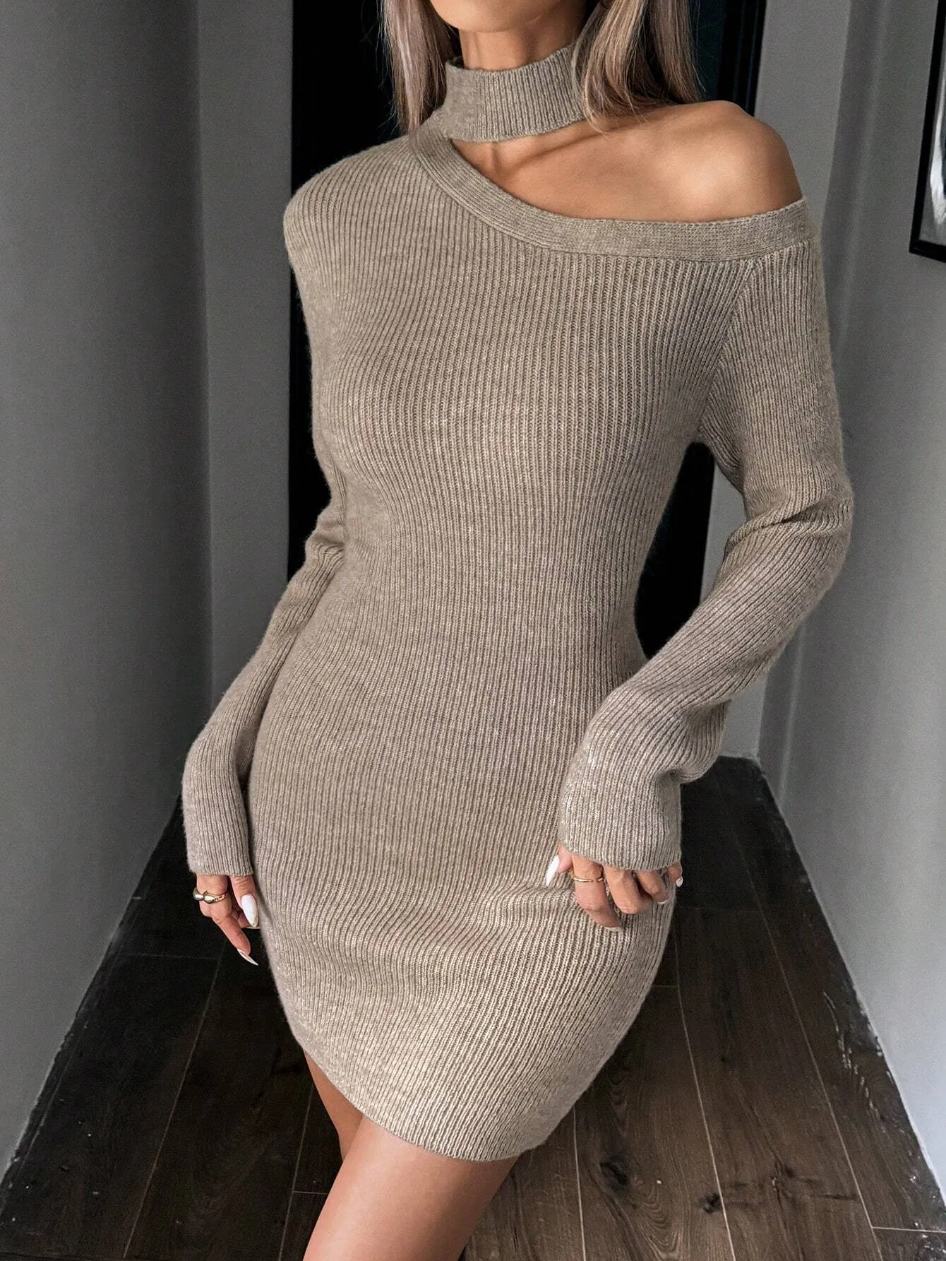 SHEIN Clasi Women's High Neck Halterneck Long Sleeve Knit Sweater Dress