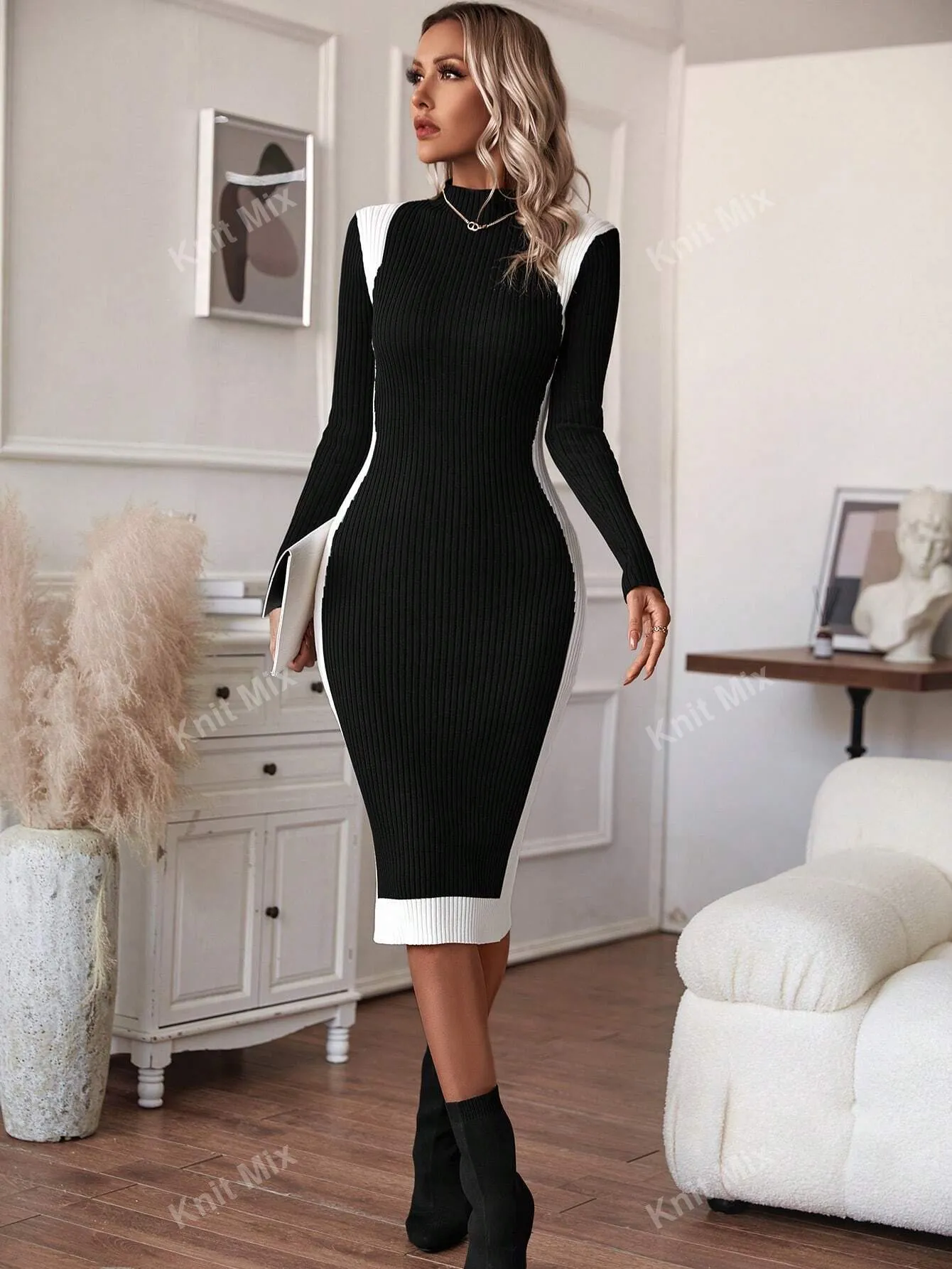 SHEIN Knit Mix Knitted Elegant Commuter Midi Dress For Women,Floral Pattern Half High Neck Long Sleeve Contrast Color Fitted Sweater Dress (Floral Random)