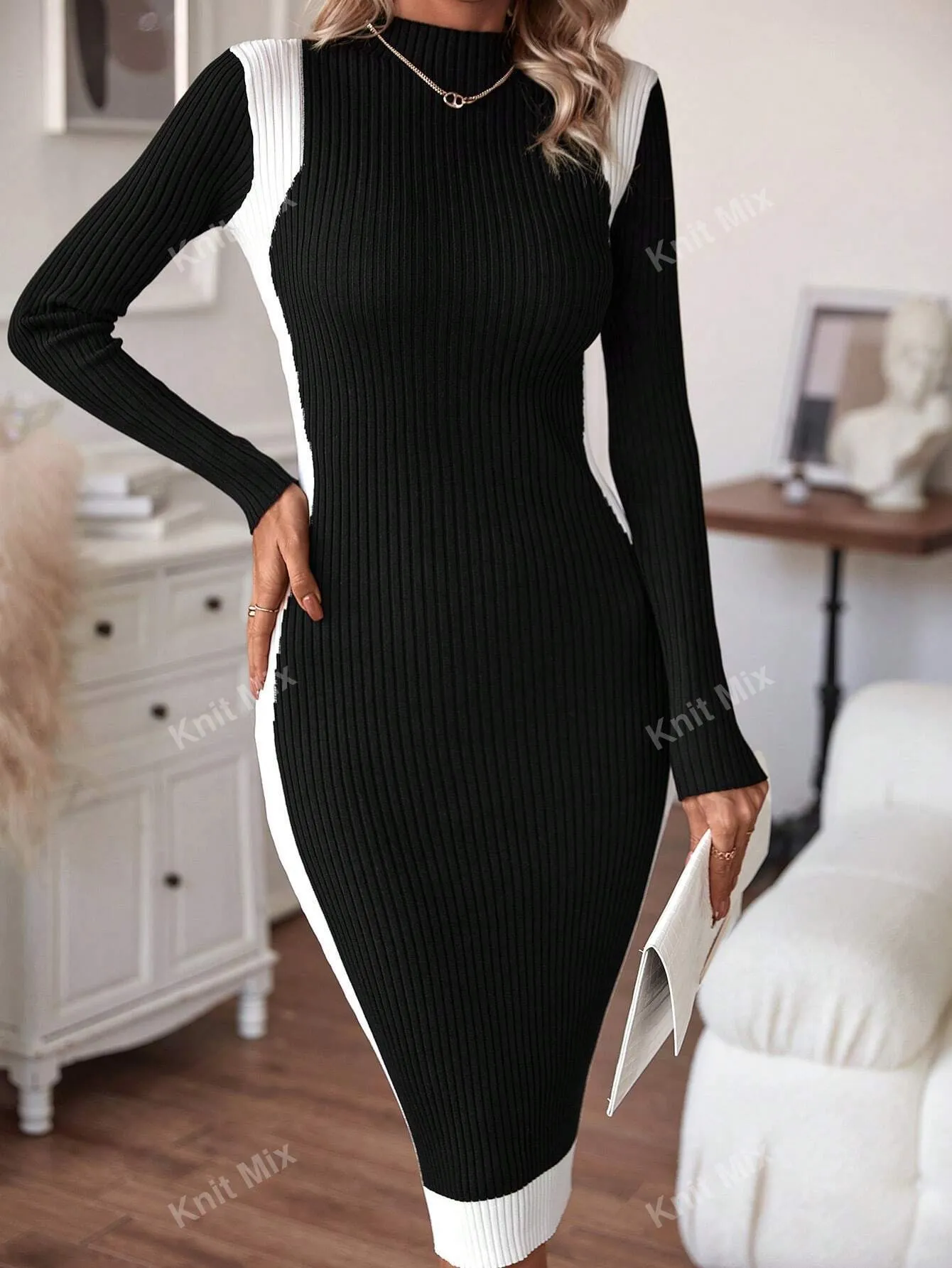 SHEIN Knit Mix Knitted Elegant Commuter Midi Dress For Women,Floral Pattern Half High Neck Long Sleeve Contrast Color Fitted Sweater Dress (Floral Random)