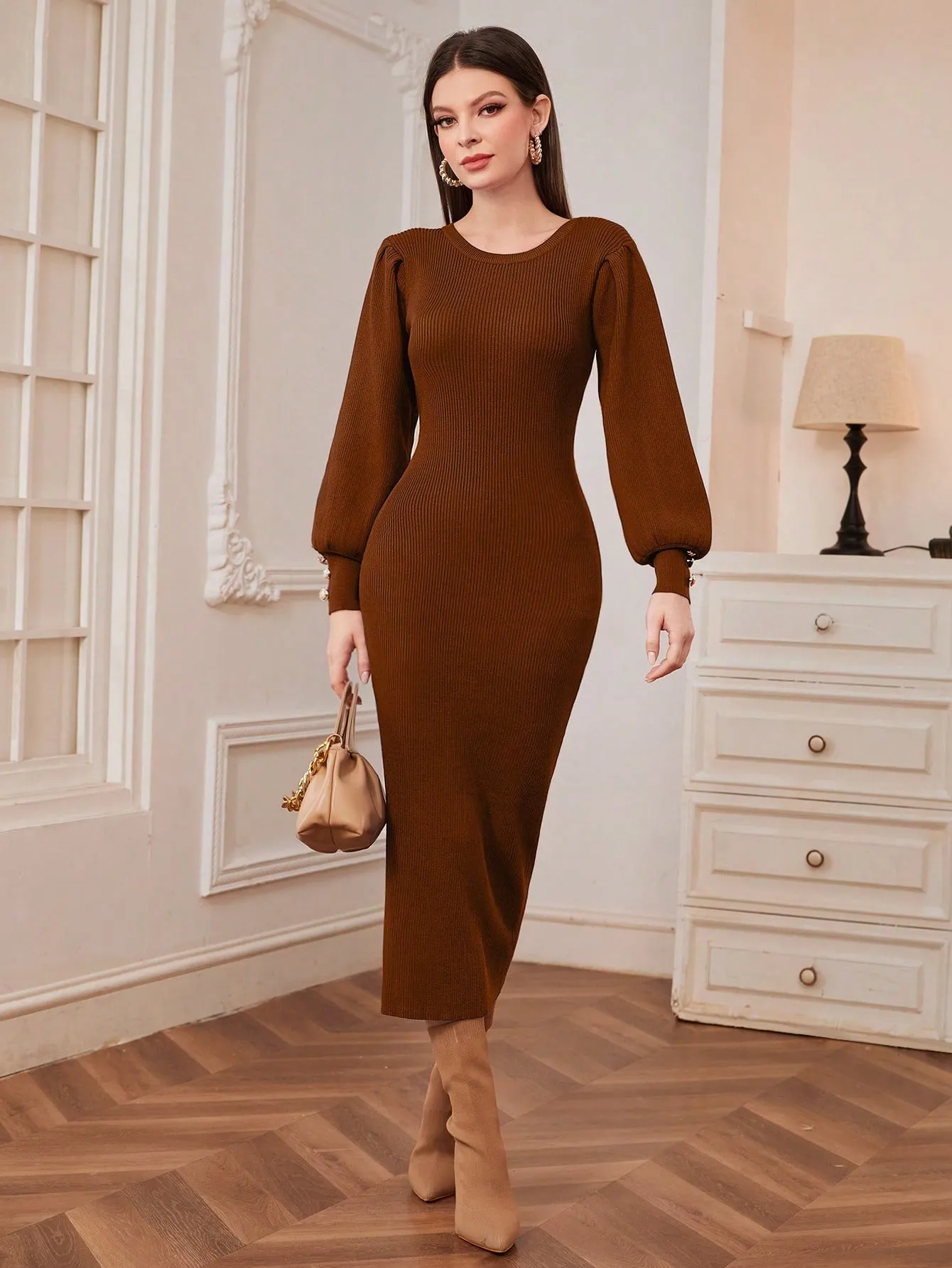 SHEIN Modely Solid Button Detail Lantern Sleeve Bodycon Sweater Dress