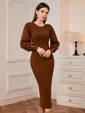 SHEIN Modely Solid Button Detail Lantern Sleeve Bodycon Sweater Dress