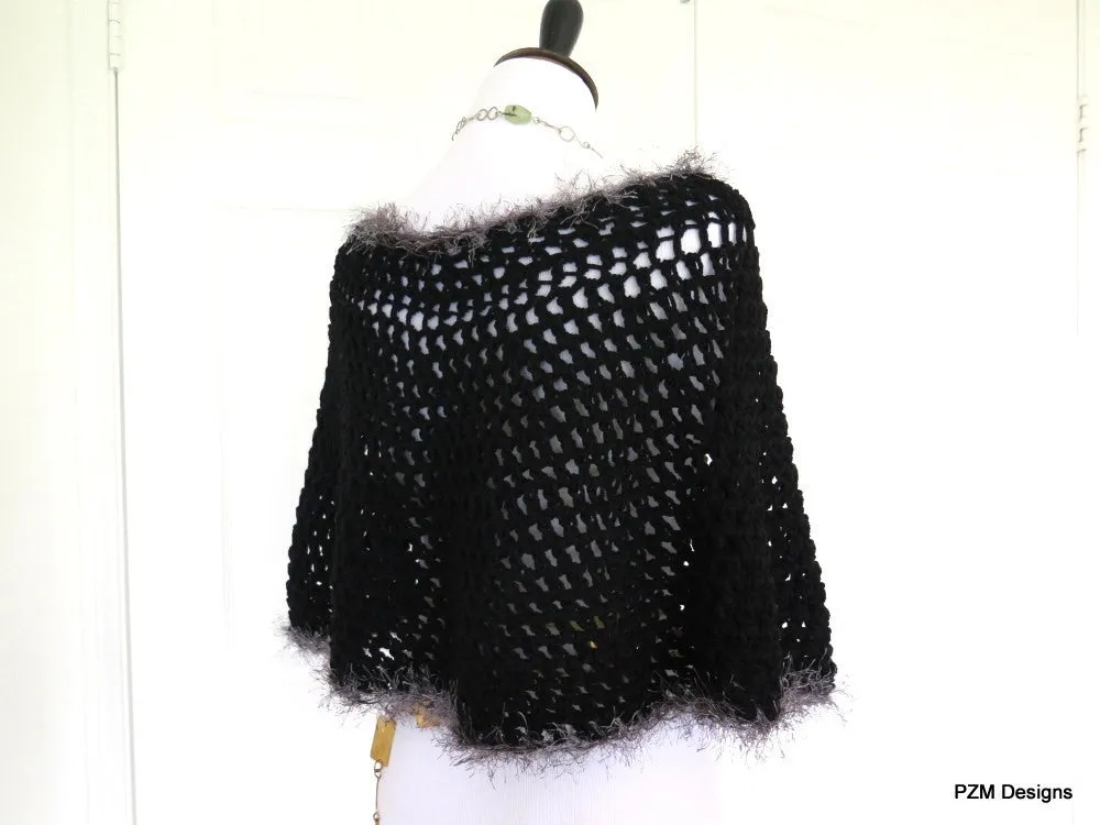 Short Black Circle Poncho with Grey Fur, gift for her