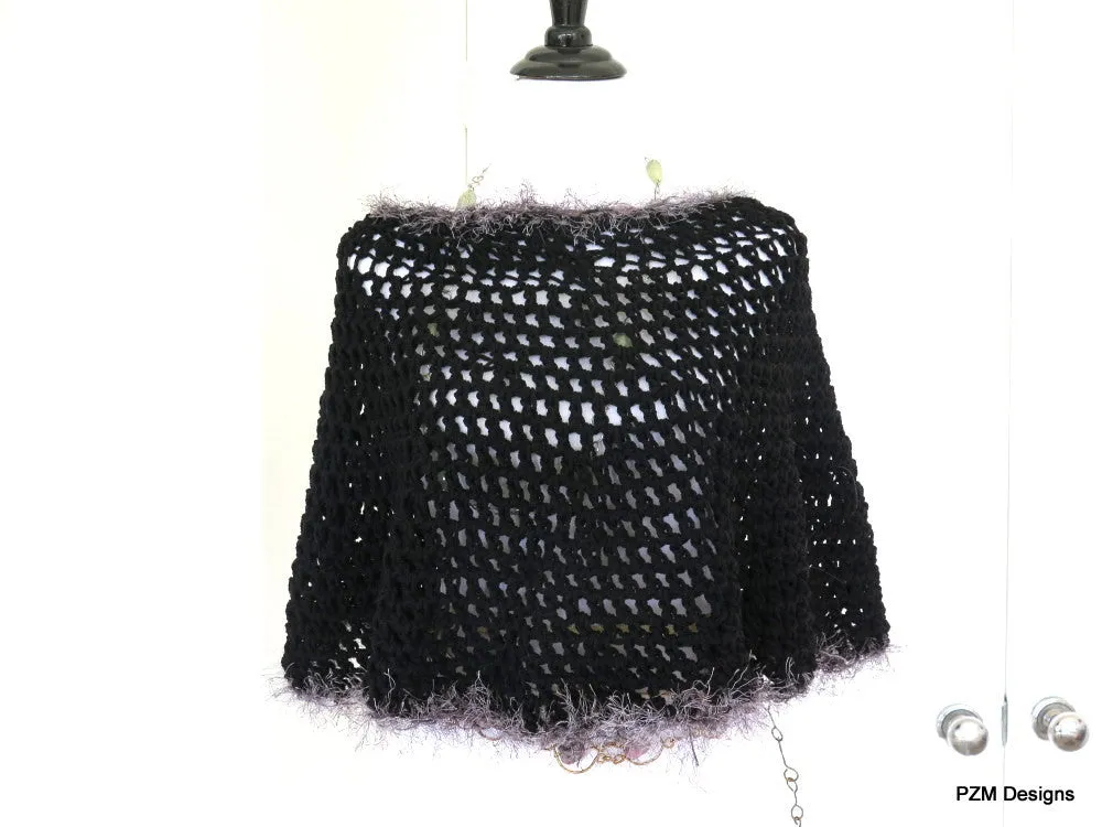 Short Black Circle Poncho with Grey Fur, gift for her