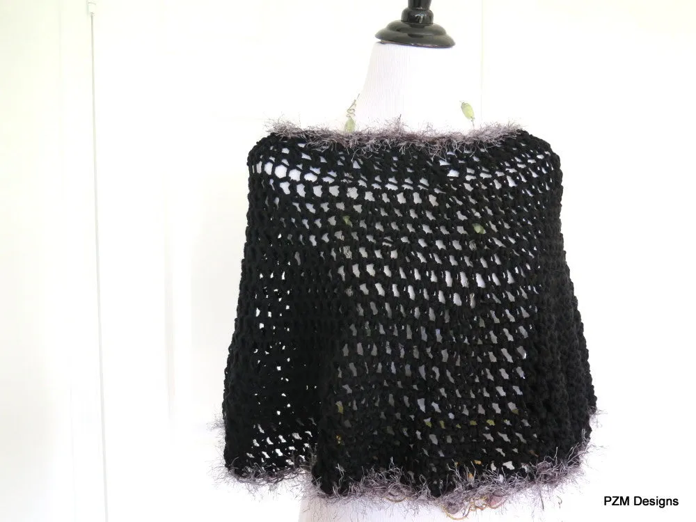 Short Black Circle Poncho with Grey Fur, gift for her