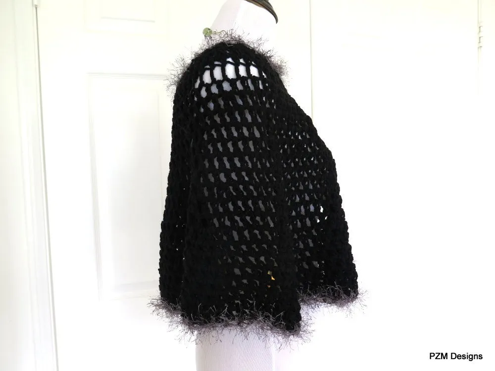 Short Black Circle Poncho with Grey Fur, gift for her