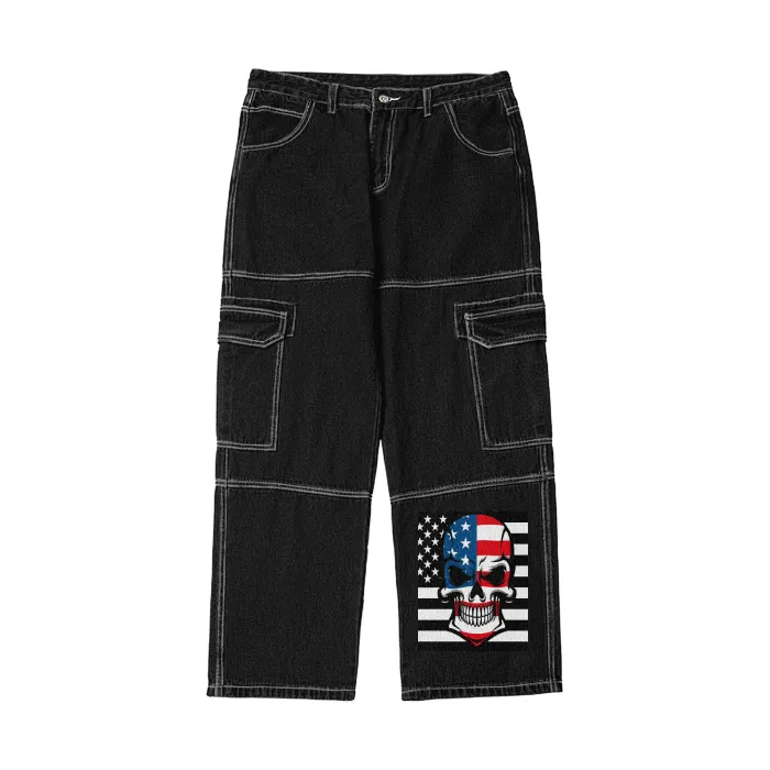 Skull Flag (Black)Streetwear Unisex Pockets Wide-Legged Straight Cut Denim Jeans