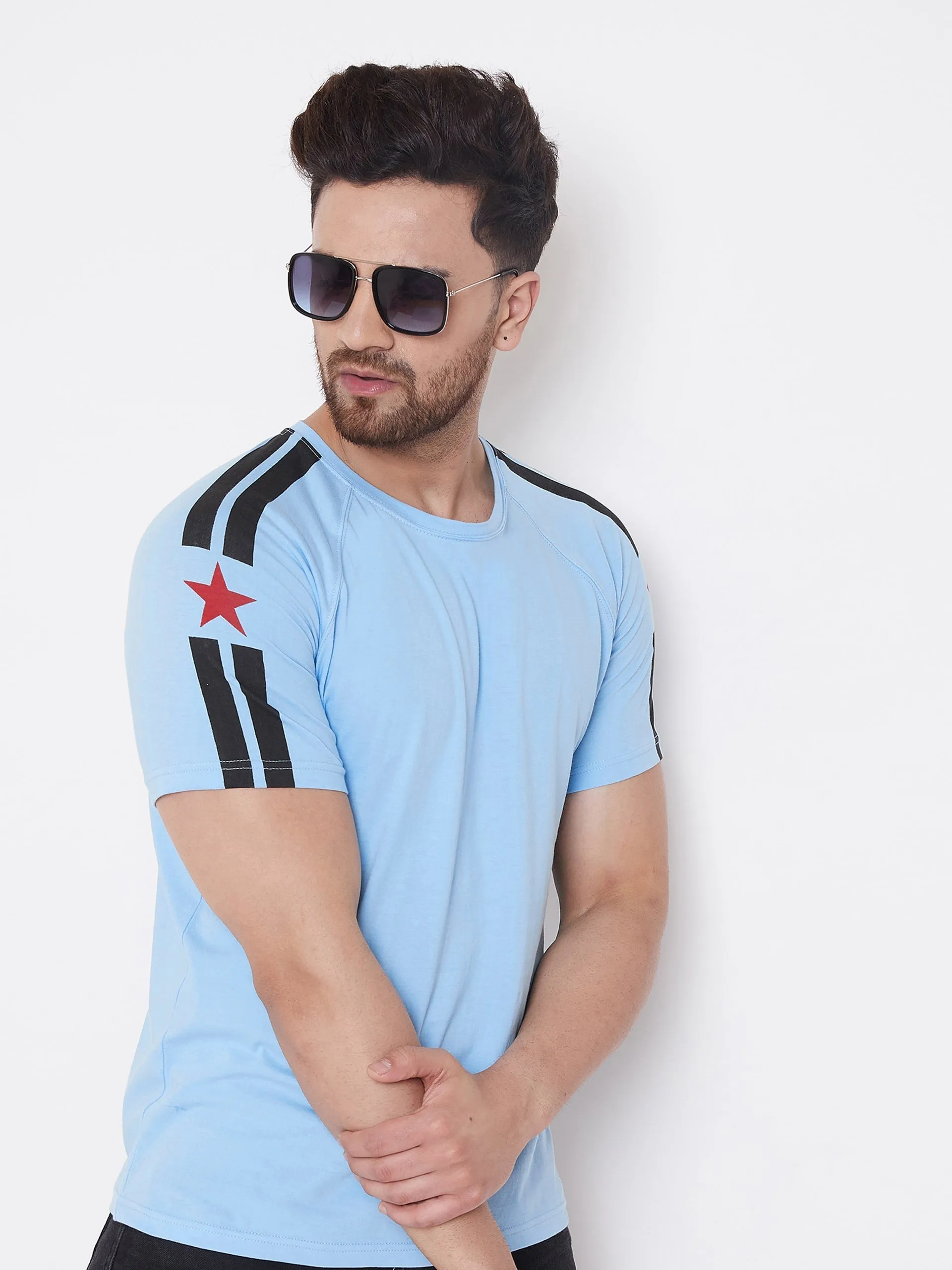 Sky Blue Printed Men's Half Sleeves Round Neck T-Shirt